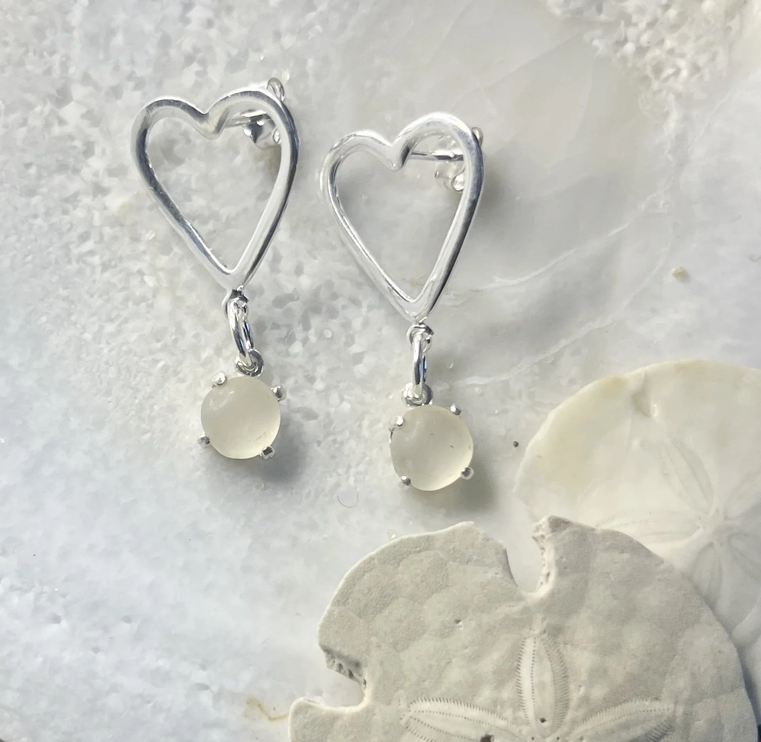 Sterling Silver Heart Earrings with Natural Cape May Diamond Drops (Posts) by Janet Payne Jewelry, Cape May, NJ