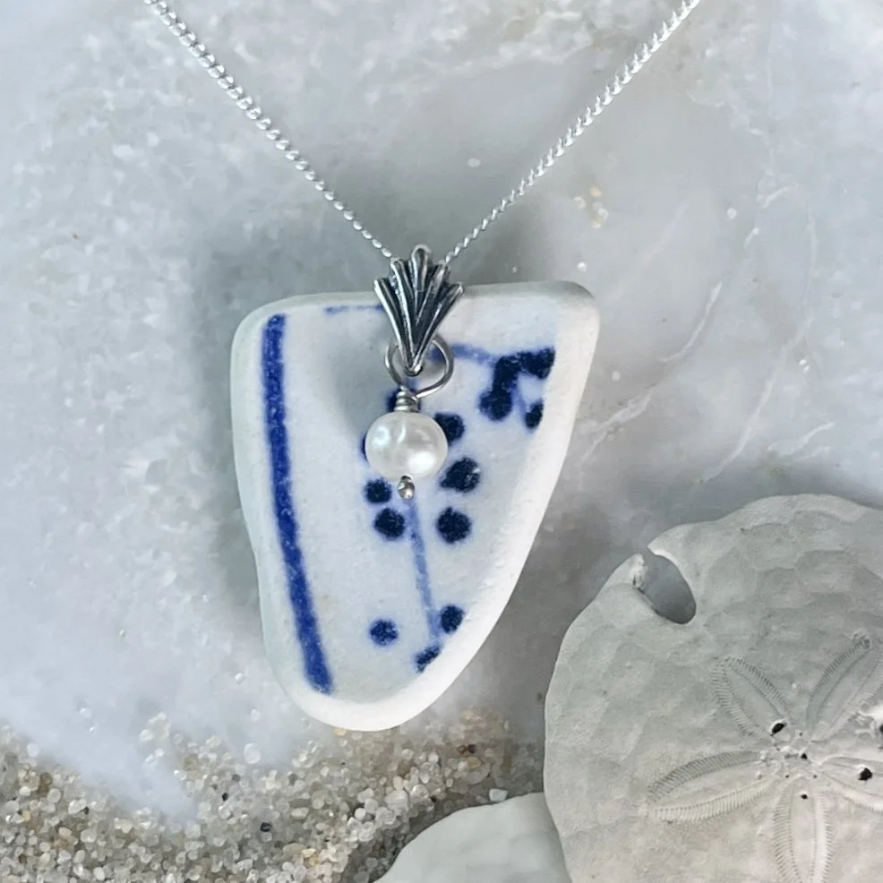 Blue and White Sea Pottery Necklace with a Freshwater Pearl by Janet Payne Jewelry, Cape May, NJ