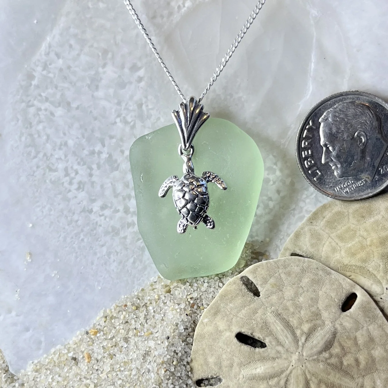 Green Seafoam Sea Glass Necklace with a Sterling Silver Sea Turtle