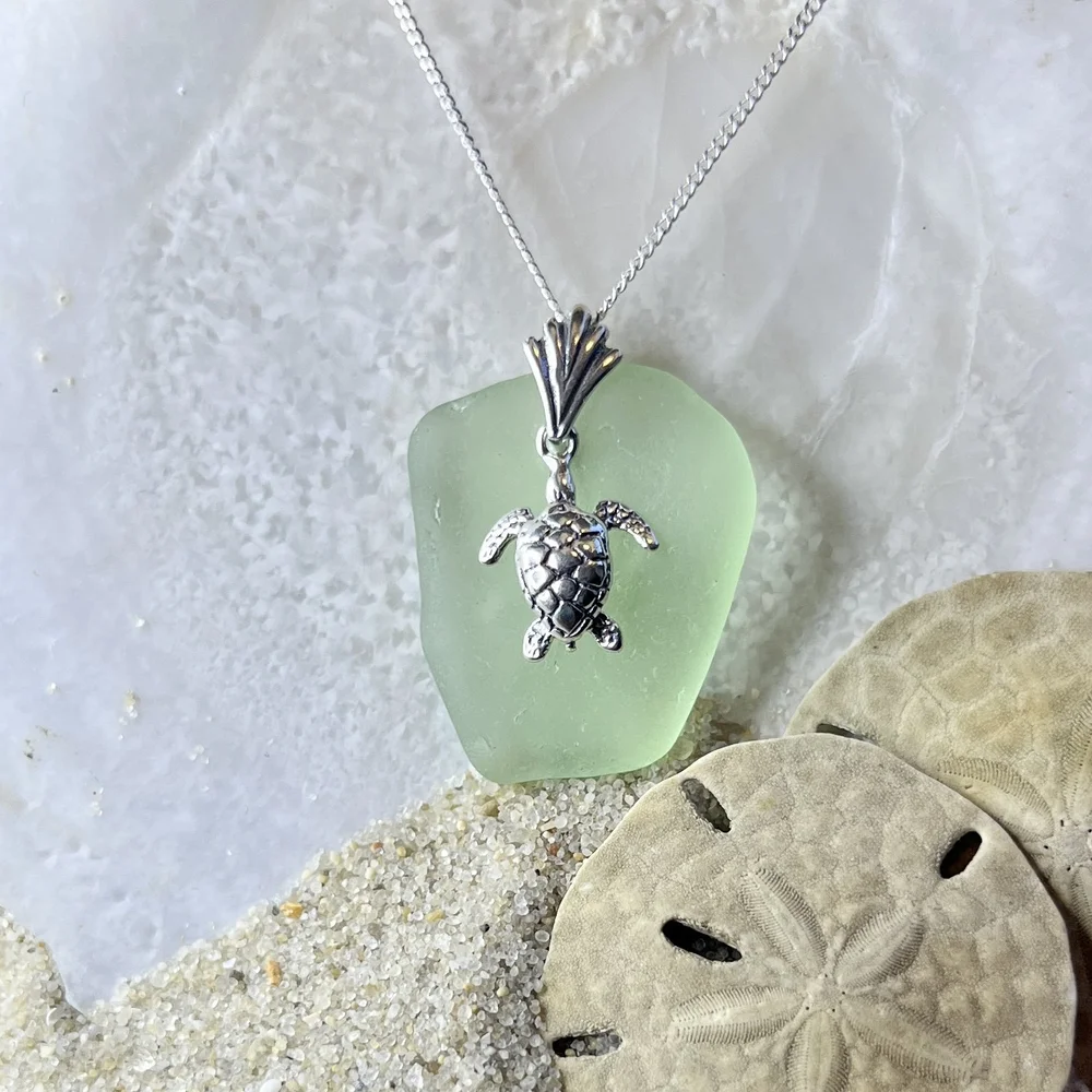 Green Seafoam Sea Glass Necklace with a Sterling Silver Sea Turtle