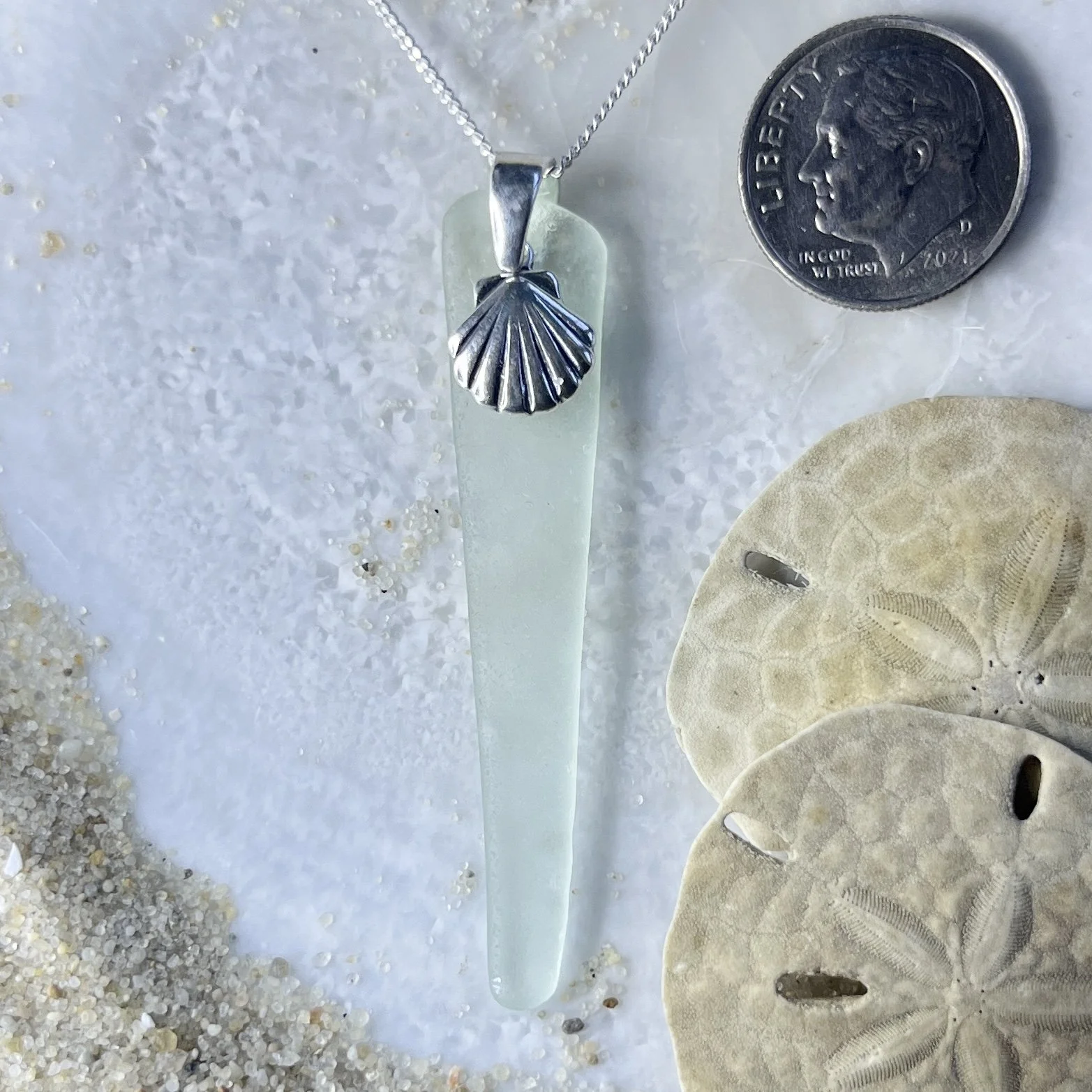 Light Seafoam Sea Glass Necklace with a Sterling Silver Sea Shell.jpg