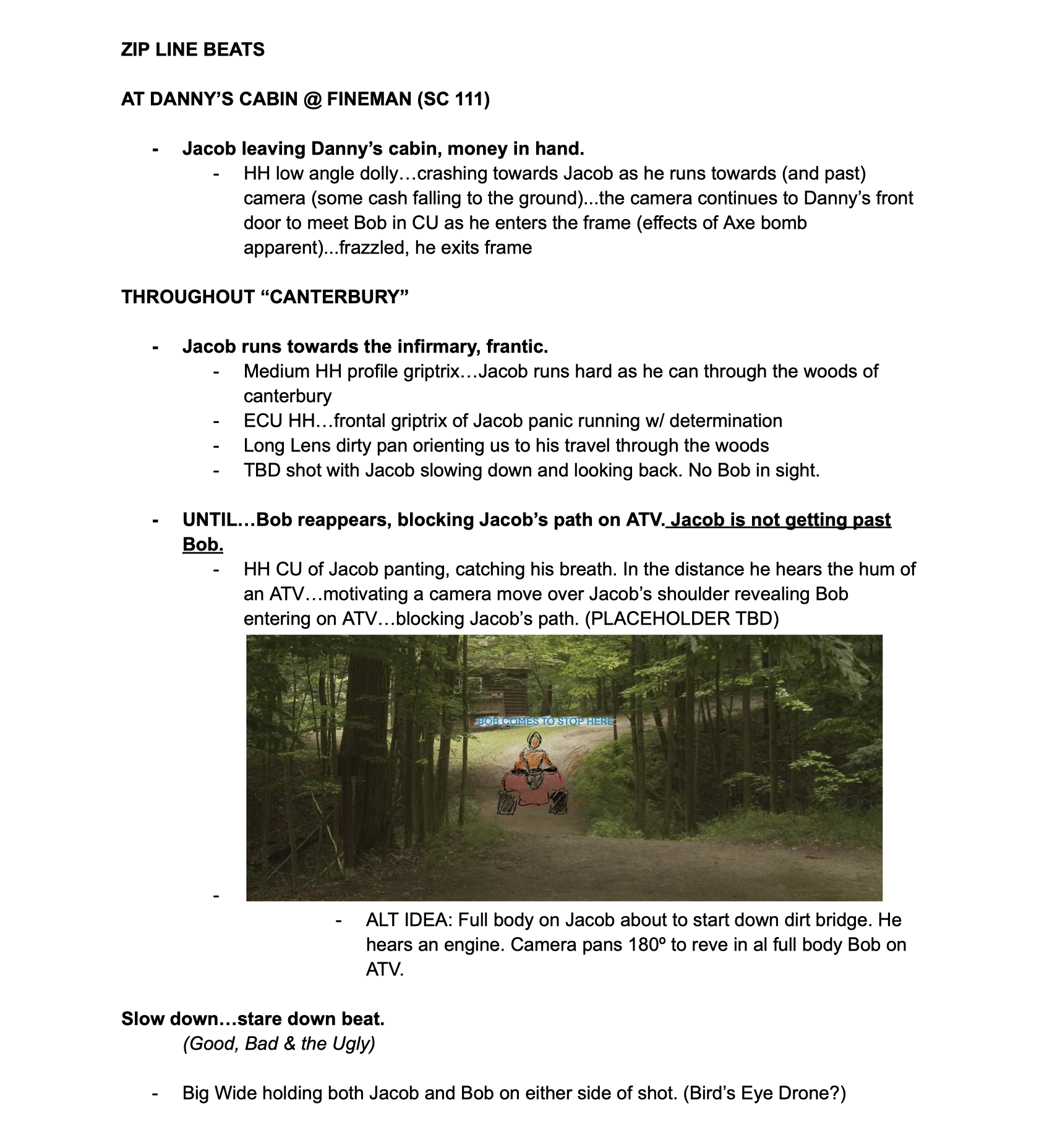 Storyboard script and photo of a forest trail with an ATV, depicting a scene where Bob comes to stop, with a ride taken from behind by Jacob on an ATV, and a sign indicating Bob's stopping point.