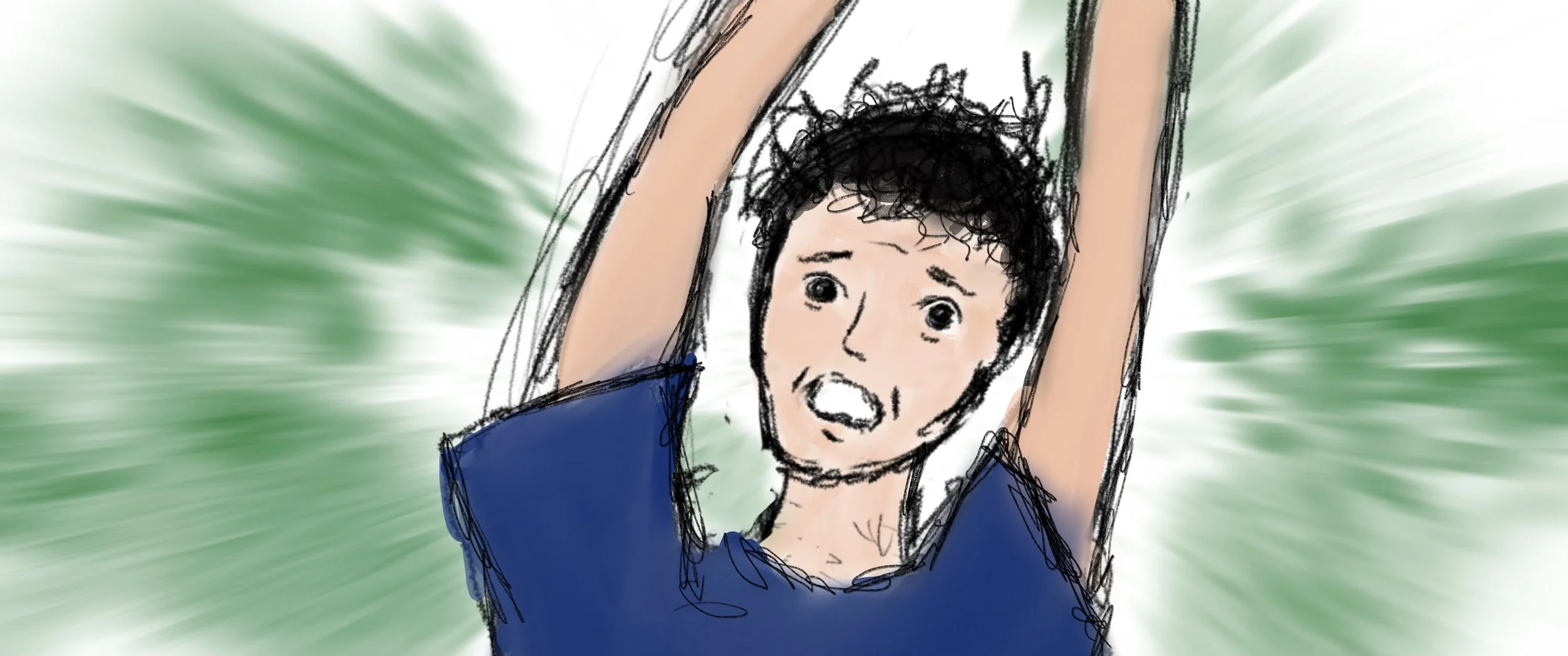 A drawing of a person with dark curly hair, proclaiming with an anxious expression, having arms raised, wearing a blue shirt, set against a blurred green background.