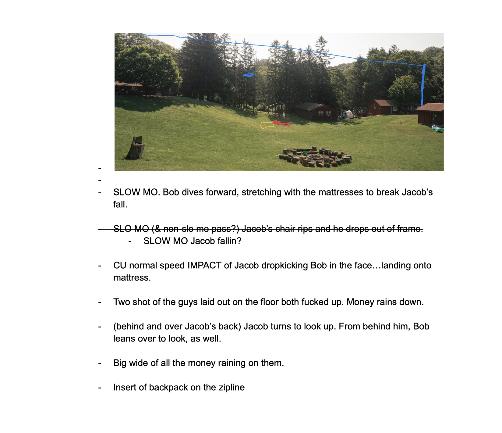 An outdoor scene with a grassy lawn, trees, and several small buildings or sheds. There is a fire pit with bricks arranged in a circle and a few chairs or objects nearby. The sky is clear and sunny.