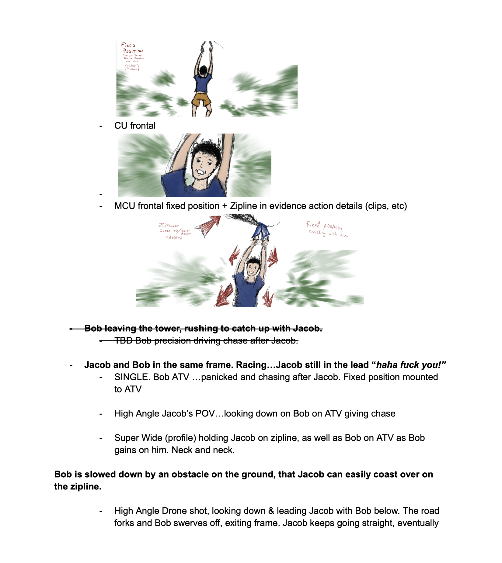 Illustration showing a person performing a zipline, with detailed annotations about camera angles, body positions, and scene descriptions, including a cross-out of a previous scene and notes about action sequences in a race.