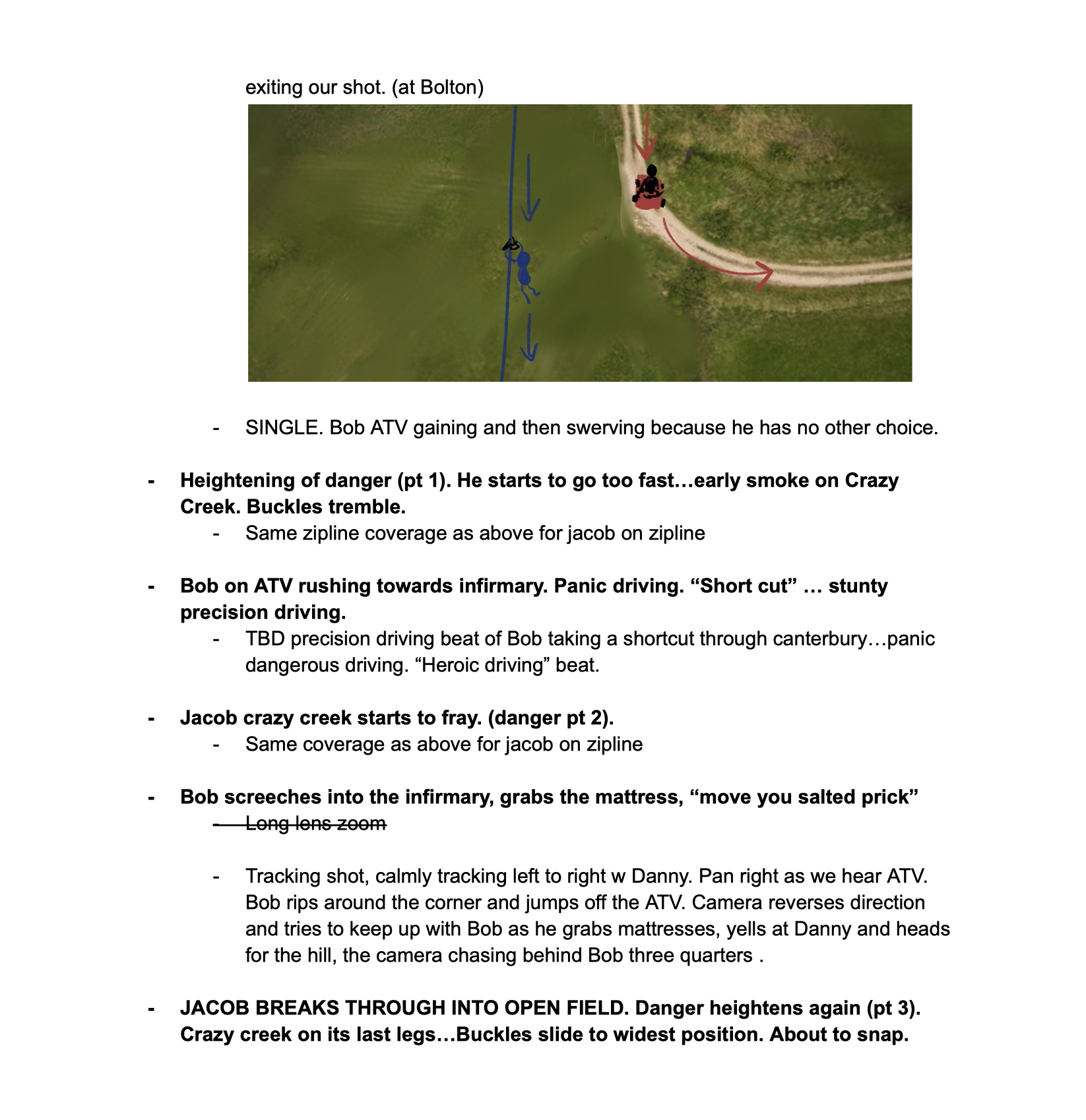 Aerial view of a person on an ATV and another person climbing a zip line, with dirt paths and grassy areas, during daytime.