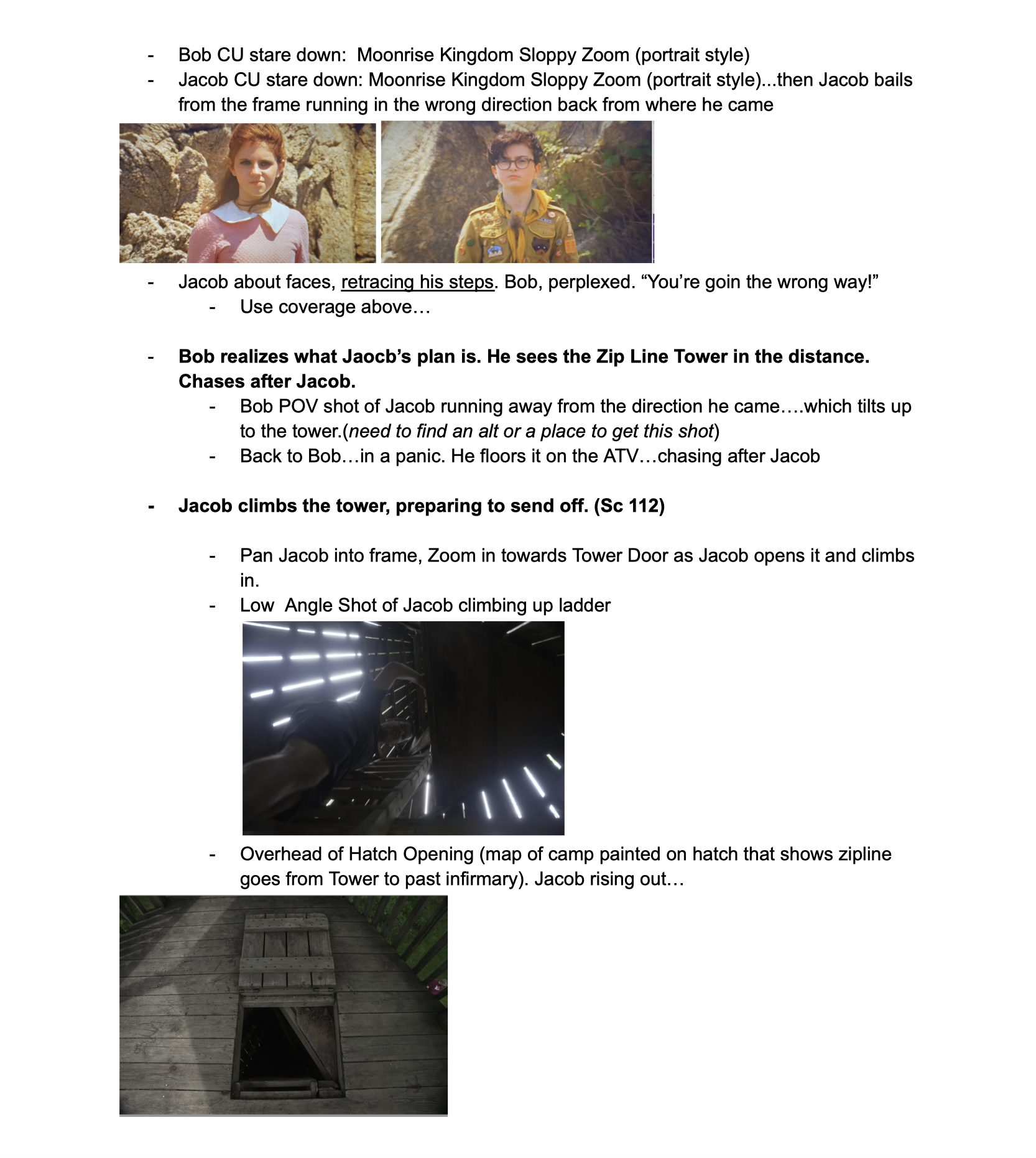 Storyboard with scenes from a video showing two children, Jacob and Bob, in a forest, with close-up of Jacob climbing a ladder to a tower, and an overhead view of a hatch opening on a wooden platform.
