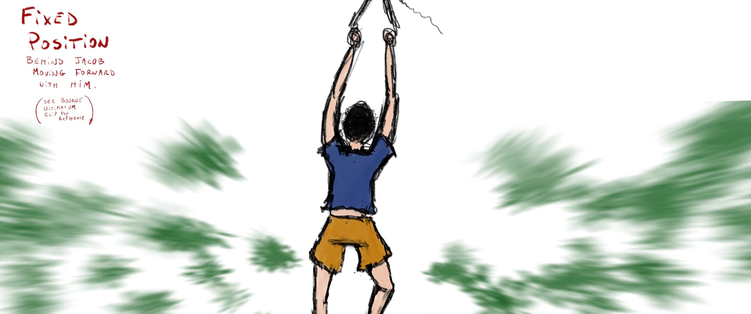 A sketch of a person hanging from a tree branch with handwritten notes on the left side, and a blurred green background.