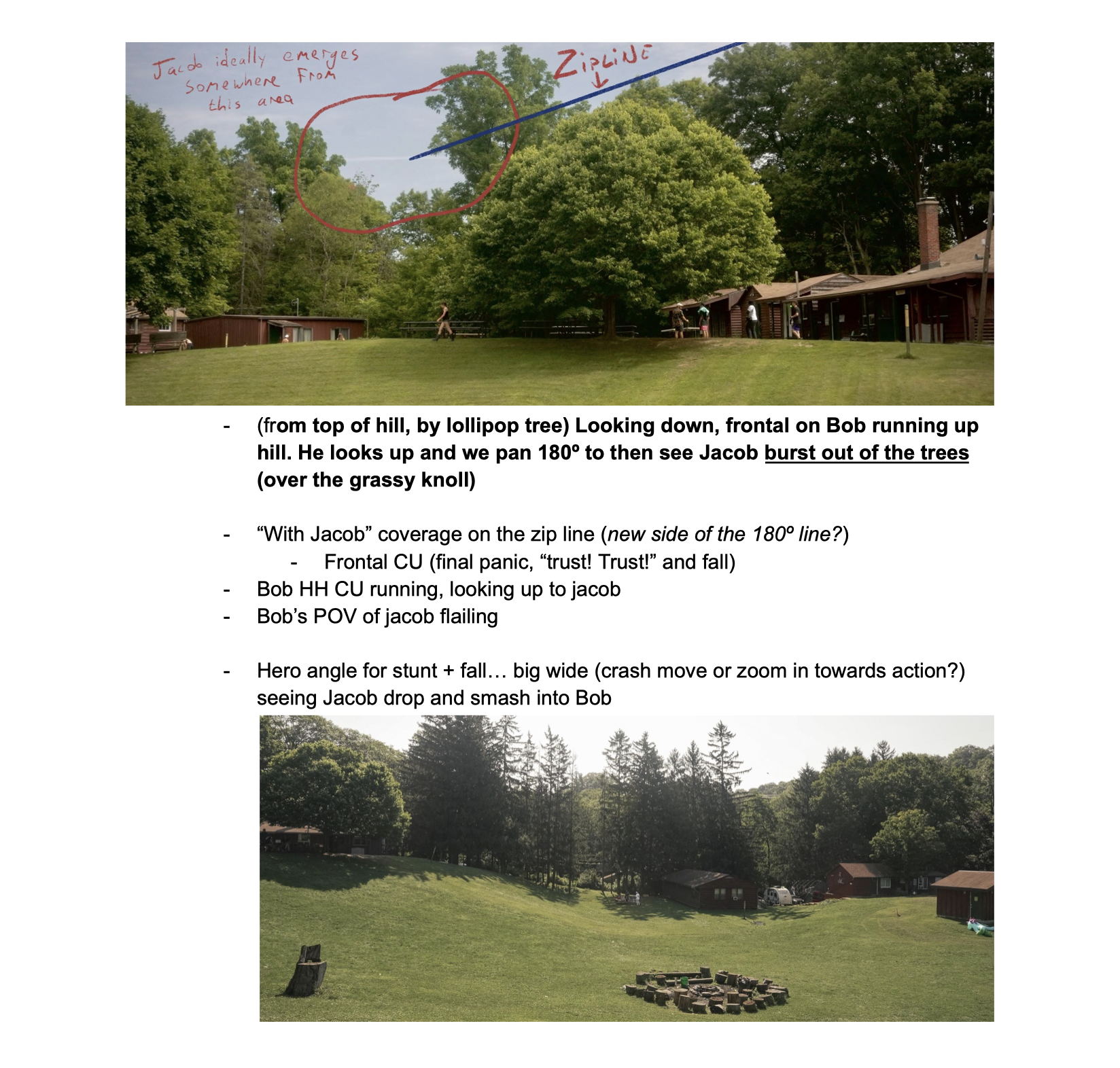 Two photographs of an outdoor scene with a grassy hill, trees, and small buildings, annotated with red and blue lines and handwritten notes. The top photo shows a tall lollipop tree with a person running up the hill, while the bottom photo shows a wide view of the grassy area with trees and a small circular arrangement of logs.