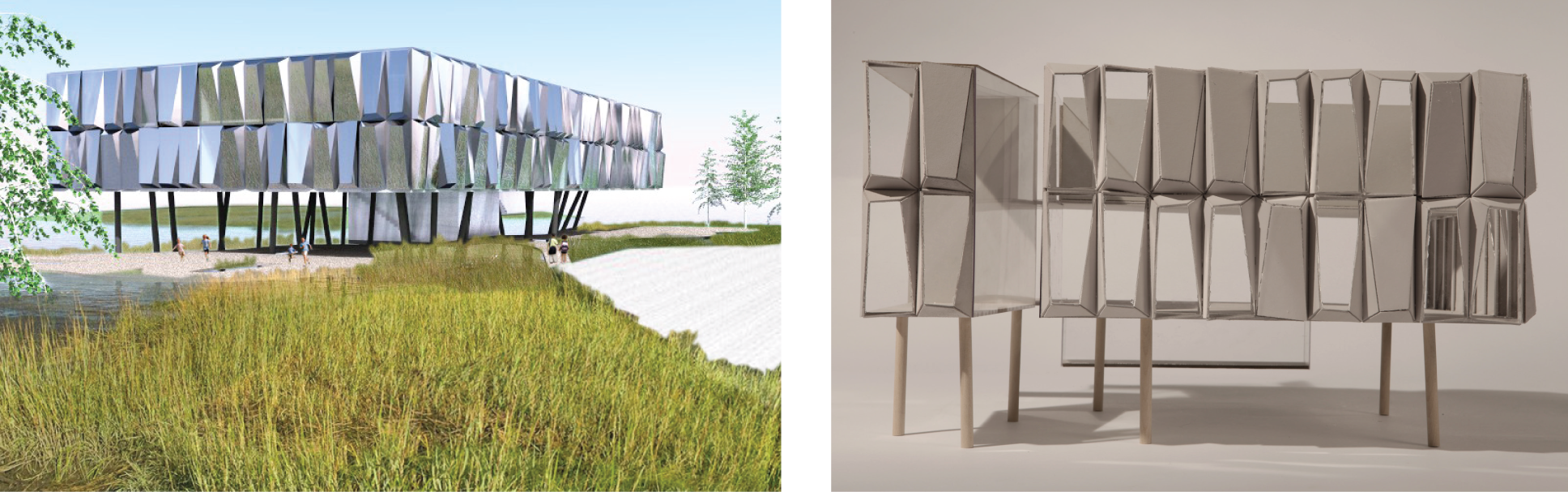  The school's facade is faceted to break up the inherent bulkiness of the slab and to allow for a reading of scale. In plan, the panels are rotated to provide varied light and view for the school’s students and teachers. In section, the panels are an
