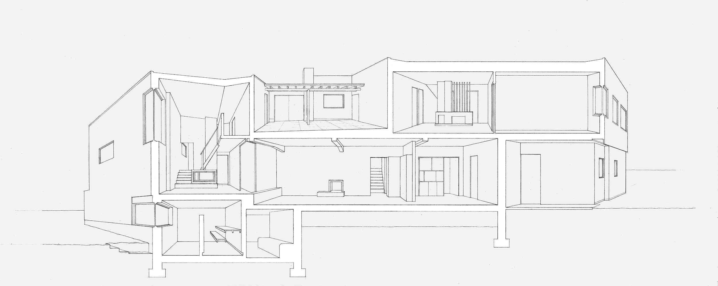     1:20 Graphite on vellum, 24” x 70”  Alvar Aalto’s house in Helsinki serves as his family’s private home and as Aalto’s Studio. The residential zone of the home is planimetrically complex, while the studio features a primarily sectional solution. 