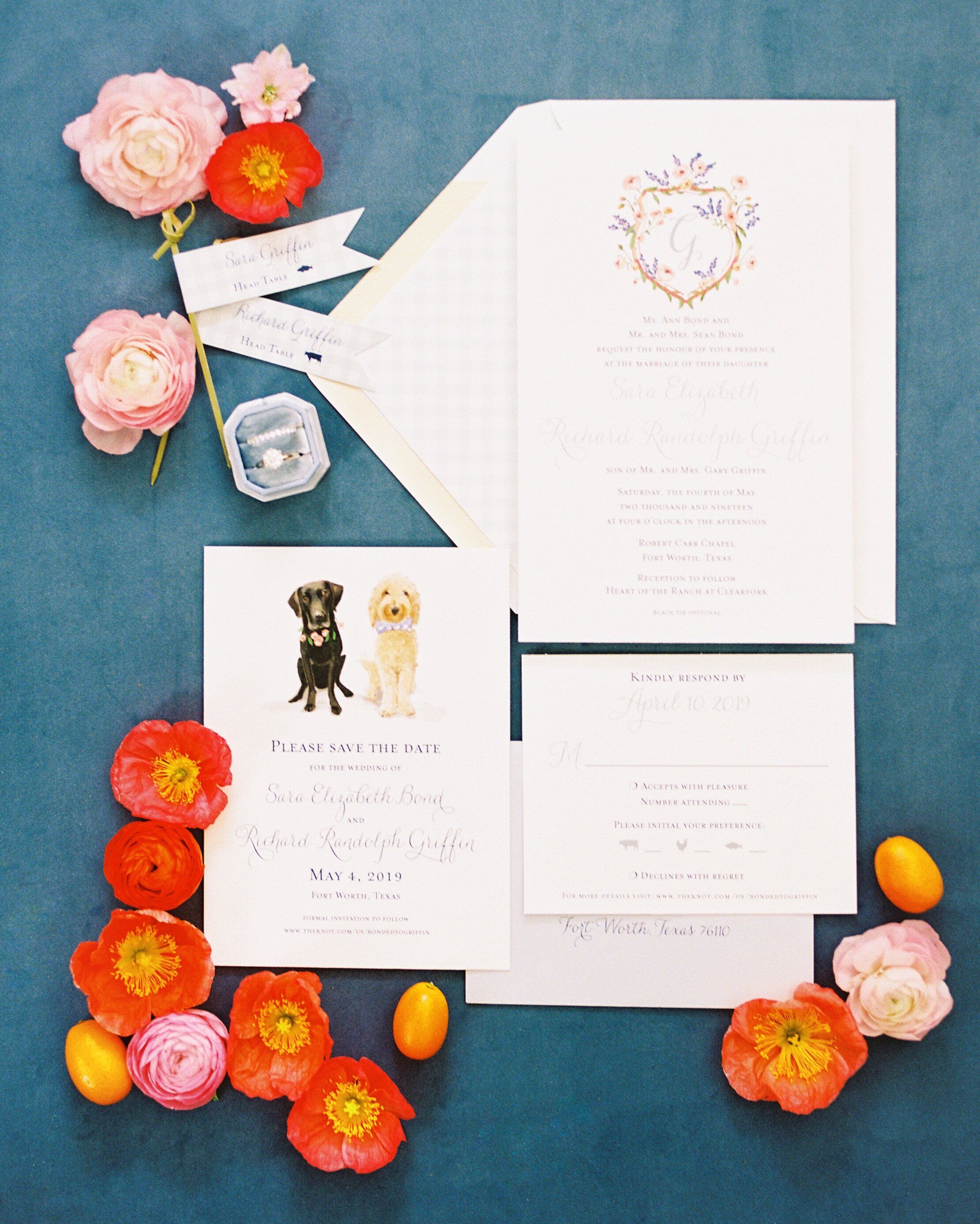  Dallas Fort Worth Texas Destination Luxury Creative Wedding Event Planner Planning Design Invitation Flatlay with a Custom Crest and colorful Flowers 
