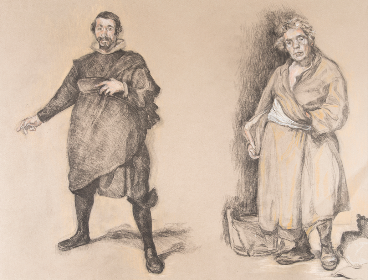 After Valezquez 'Pablo De Valliadolid' (1632) and 'Aesop' (1640) charcoal and pastel drawing on paper