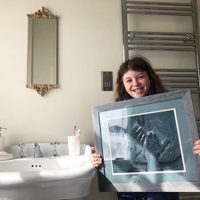 It is so joyful for artists to be sent photos of the new homes of their work.
This is Sophie, she was bought this drawing by her Dad who was quick off the mark (pun intended) getting the first of the hand series as a reminder to her to keep safe and 