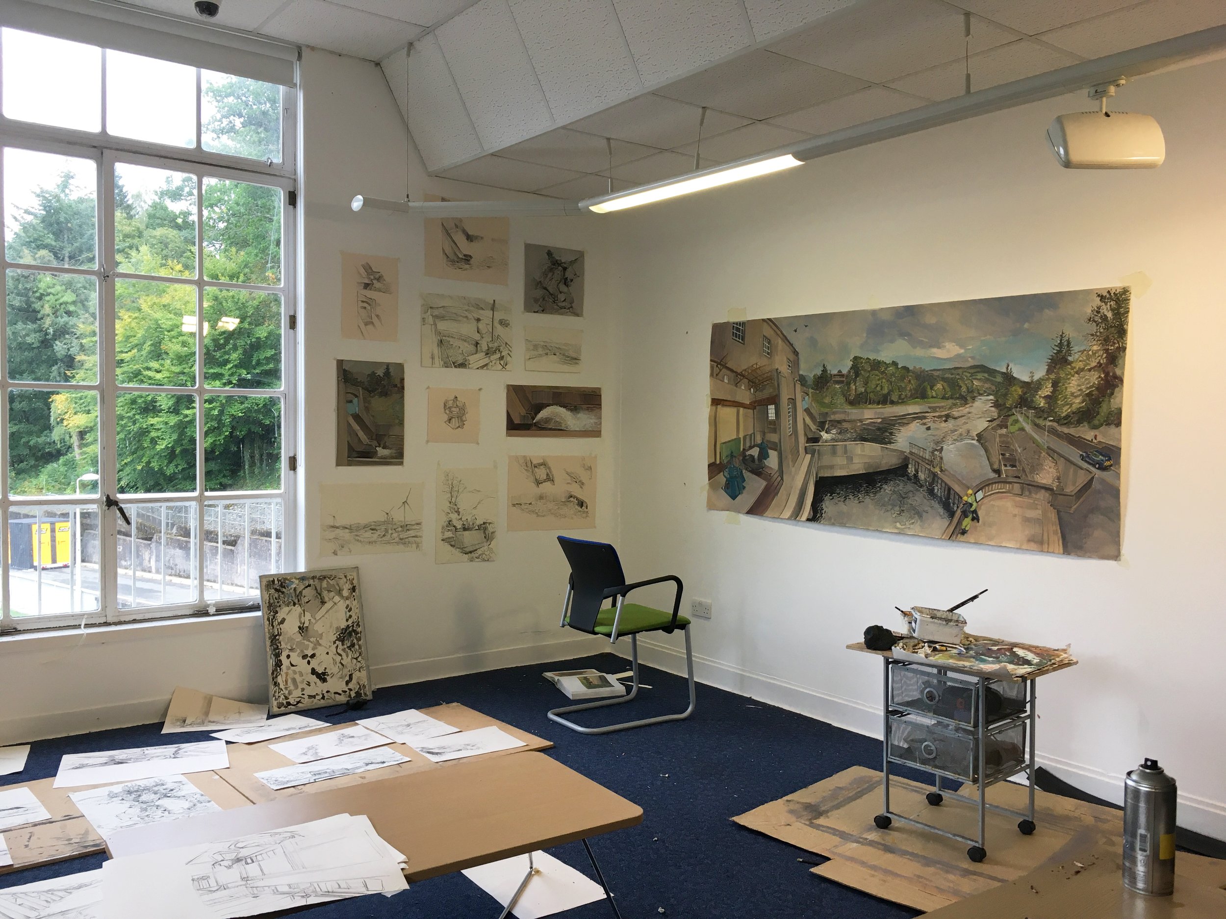 Residency studio space at SSE archive at Pitlochry Dam September 2021