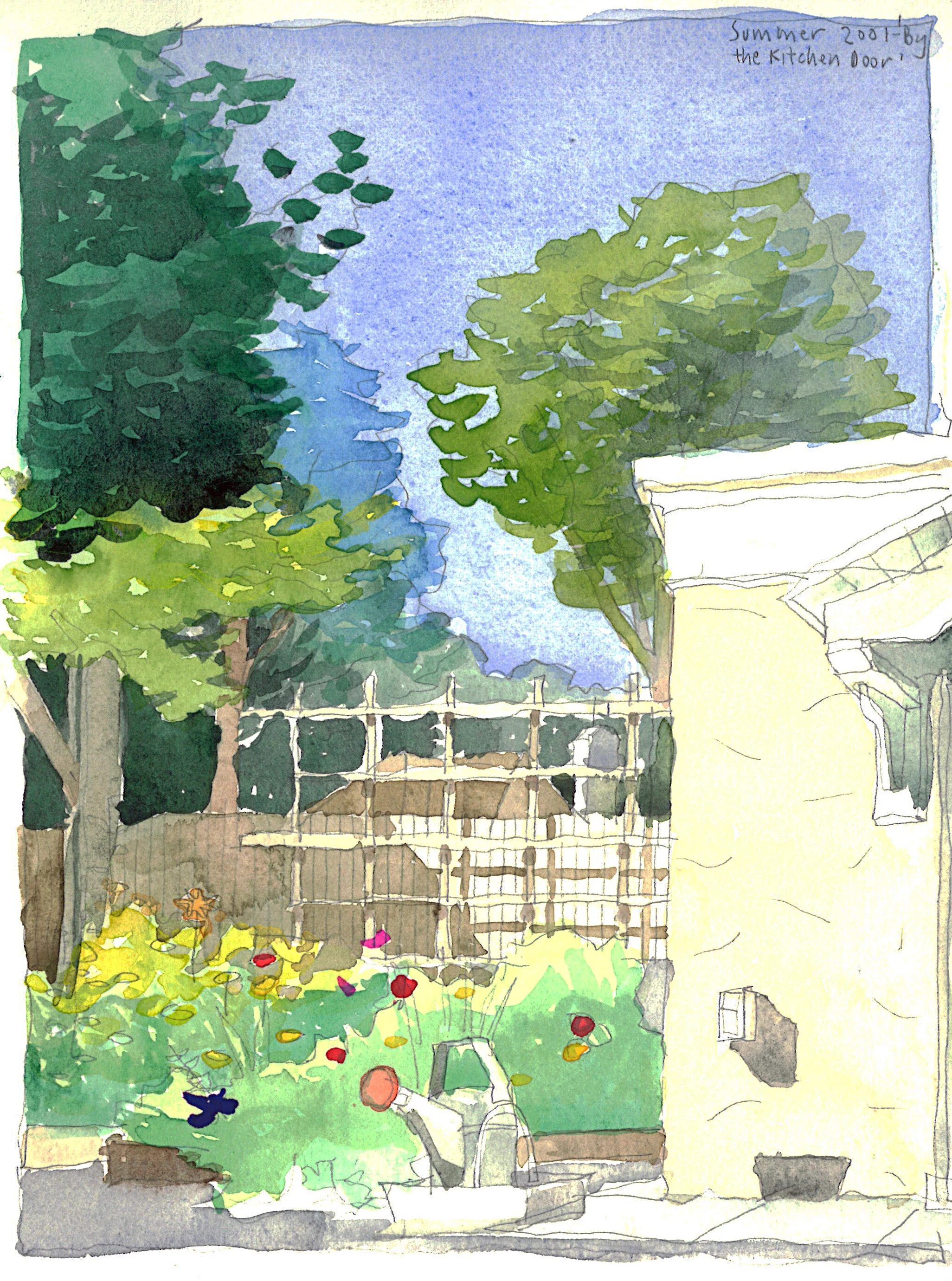 Summer time - An afternoon scene from the shade of an ancient viburnum by the kitchen door looking towards the cutting garden and the rose trellis beyond.