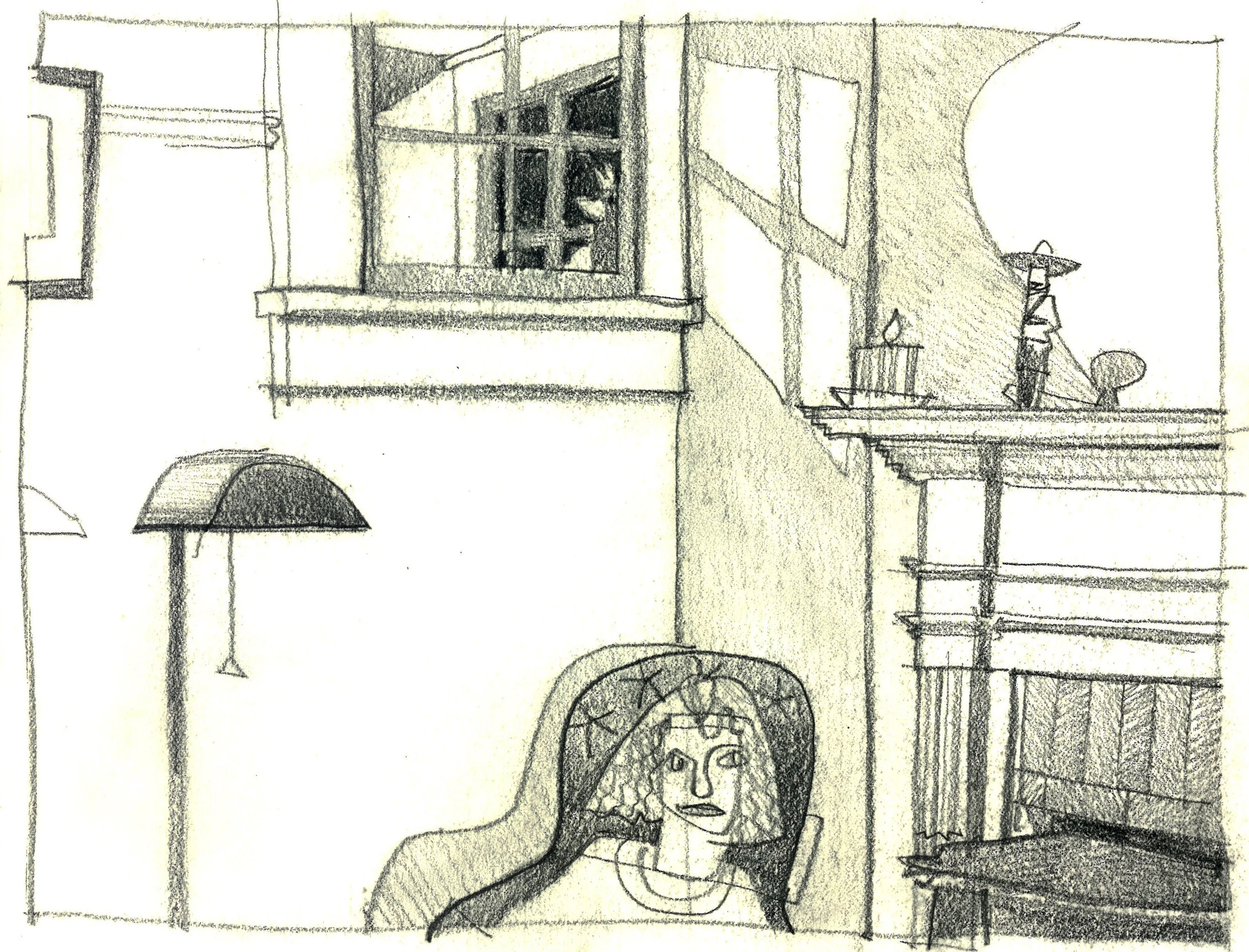 Night Sketch - A night time pencil sketch of a corner by the fireplace inspired by Tanisaki's essay, "In Praise of Shadows". Note: Lizzie Ann Luong slipcover from Red Grooms PAFA show in the early 1980's. 
