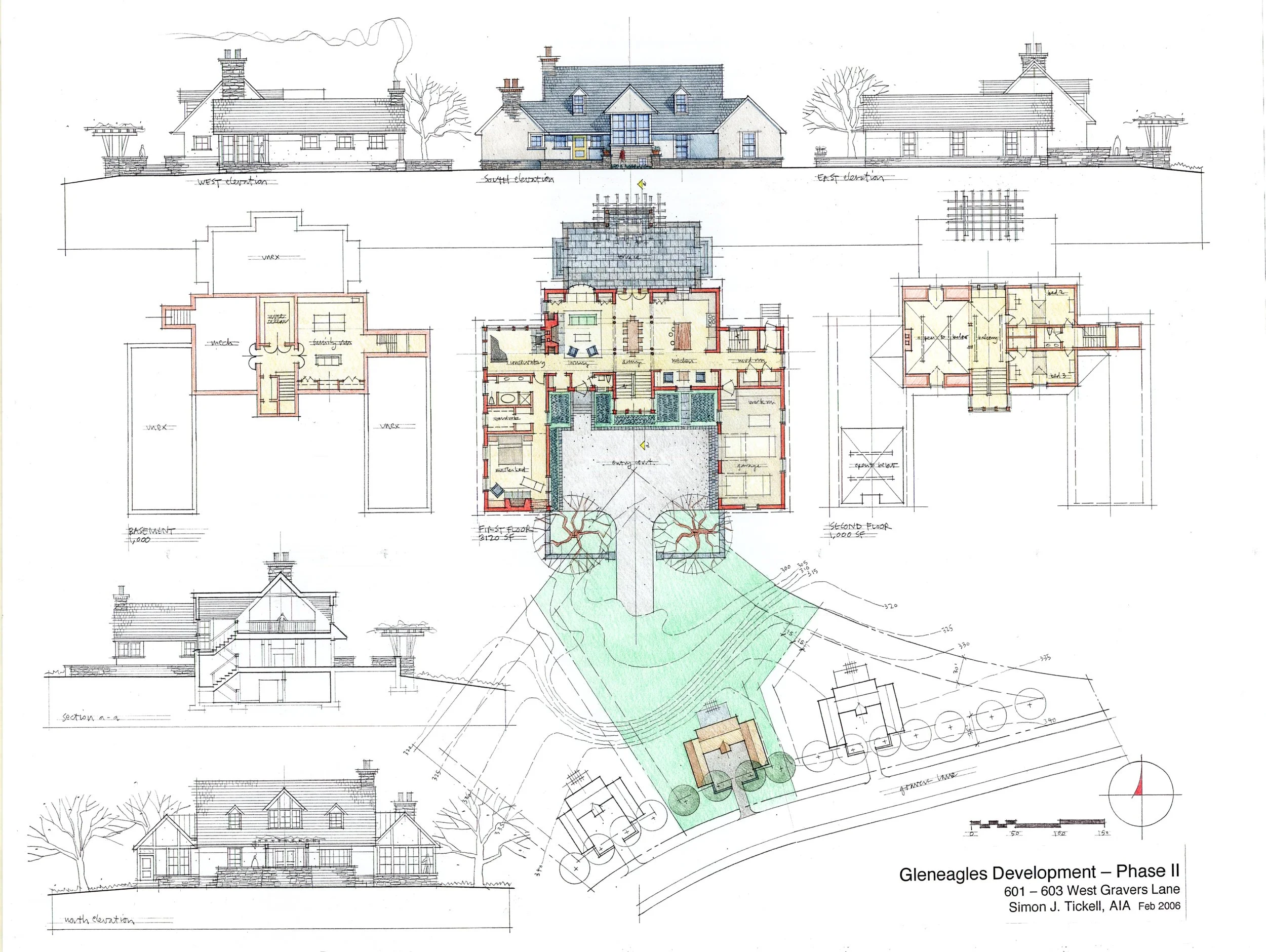 Development Sketch Design in Chestnut Hill : A preliminary sketch idea for a developer, not realized. An example of the kind of traditional handmade presentation drawings from my early days, that I still enjoy making today - An example of the Architect's craft. 