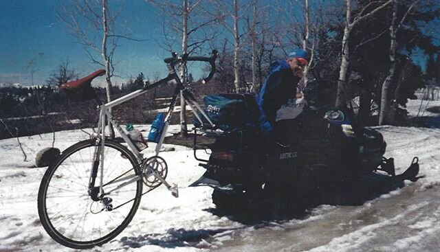 Back in my day.... We used to have to ride snowmobiles to start our 6 hour training rides!
Btw,  that is a Rogue Cycles built by Jeff Rogers (R.I.P.) of Salt Lake City
Good old days