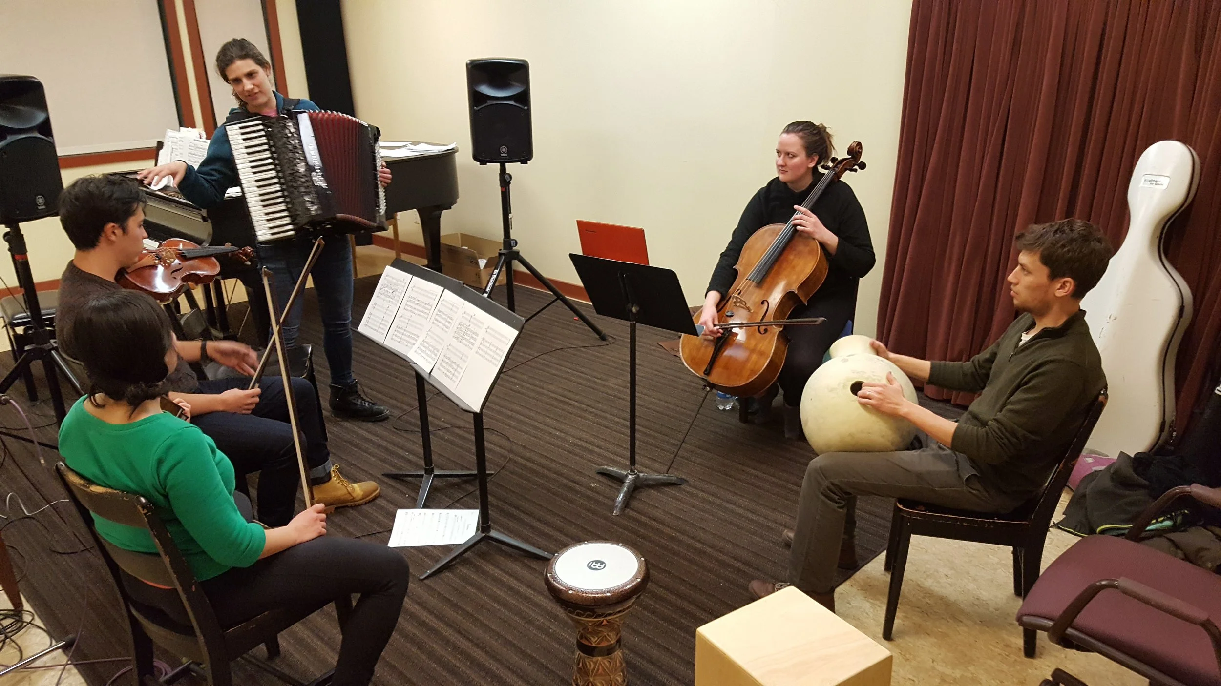 Working on a new composition by Simone Baron (pictured with accordion). Everyone here is very generous with their time when composers want to test out new works. 