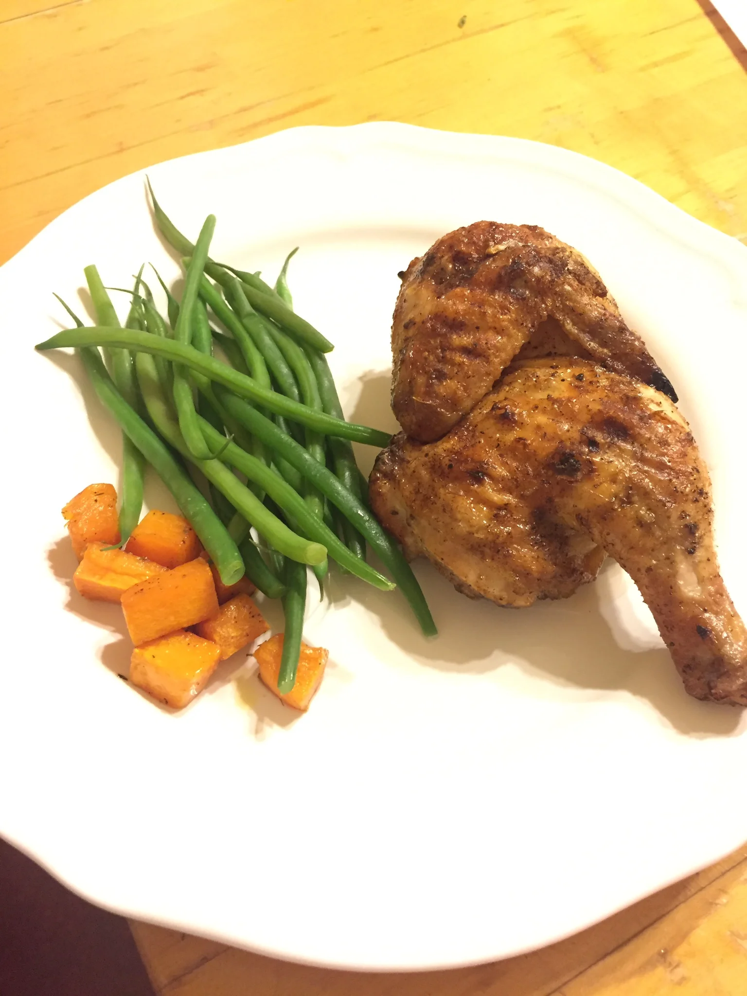 Moroccan Spiced Cornish Hen with haricot vertes and butternut squash.