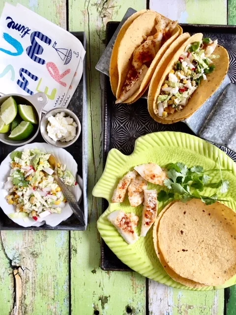 Baked Fish Tacos with a Radish Corn Slaw