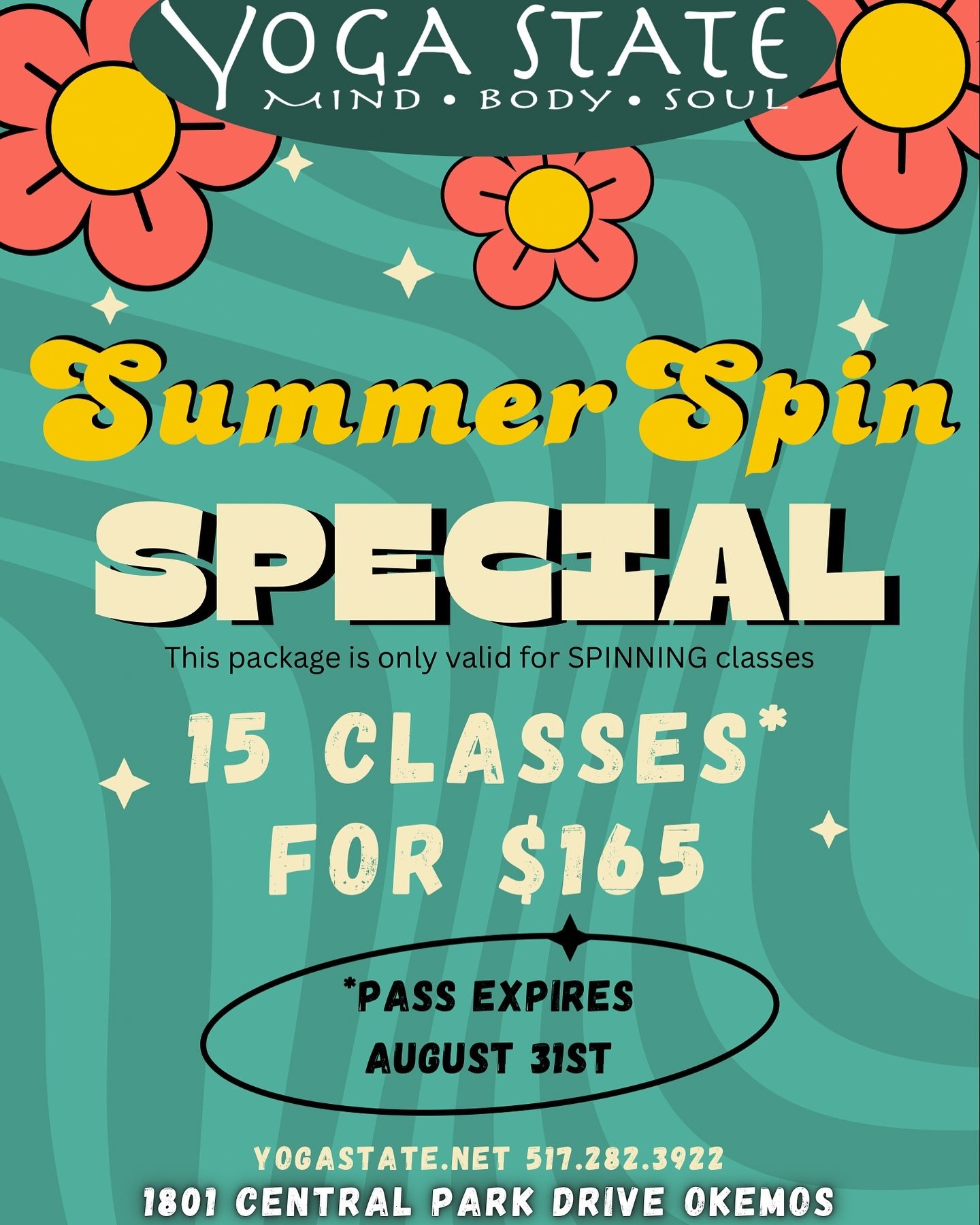 15 class pass Summer Spin Special is now available online and in the studio! This is a great deal to help you stay consistent!! Tell all of your favorite Spin pals!

yogastate.net to purchase
You can also purchase by phone 517-282-3922