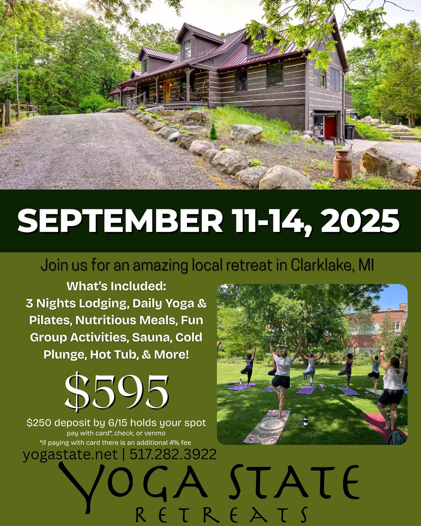 We've got another exciting adventure in store for you this year! Join Jen, Melissa and Payton on this combo Yoga & Pilates retreat! Come with us for a long weekend near Clarklake, Michigan! Close, but private; It makes for the perfect weekend get