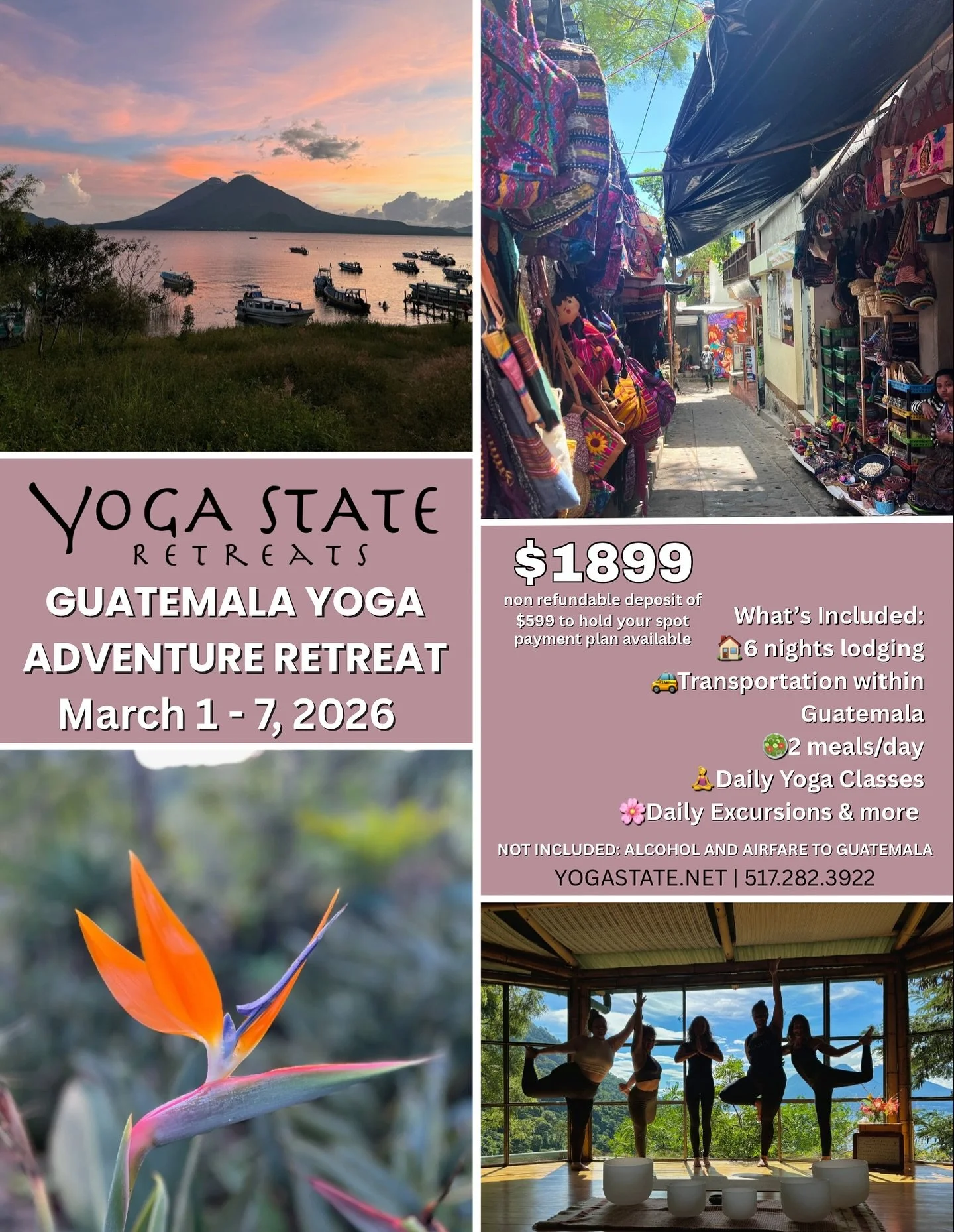 Join us for another adventure!
🌋 Guatemala Yoga Adventure Retreat 
March 1&ndash;7, 2026
Daily yoga, local excursions, stunning views, and the best community!

Spots are limited! Reserve yours with a $599 deposit. Call/text 517-282-3922 for more inf