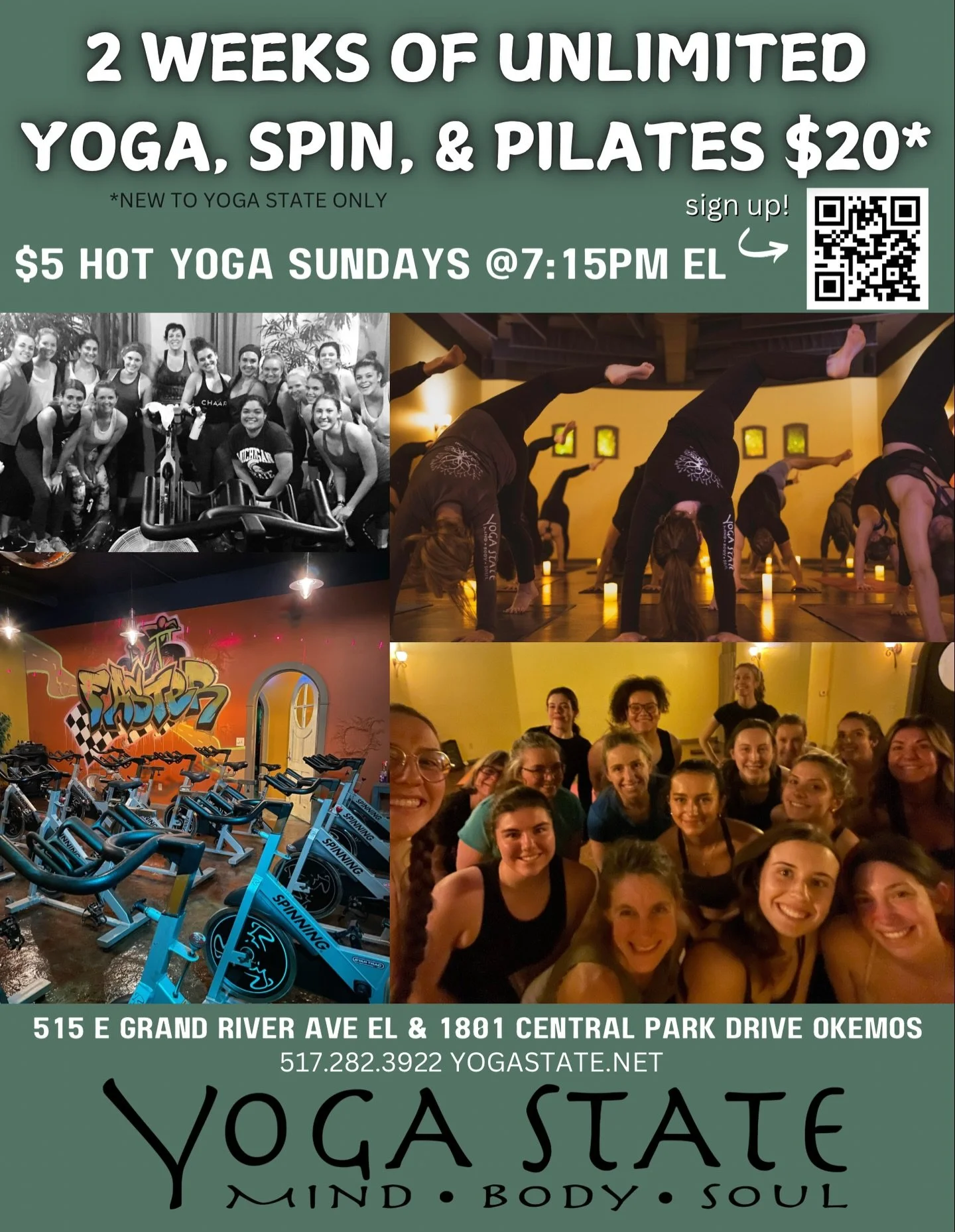 Ready to feel stronger, calmer, and more energized? 

For a limited time, new students can get 2 weeks of unlimited Yoga, Spin, and Pilates for just $20 at Yoga State! 

Whether you&rsquo;re looking to sweat, stretch, or simply reset, we&rsquo;ve got