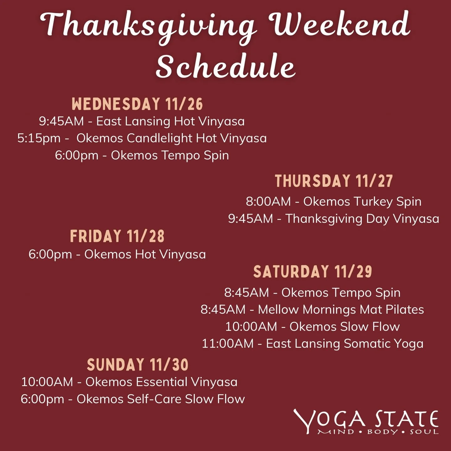 Happy Thanksgiving Week!

Check the schedule, save your spot, and get ready for a great week in the studio! And don&rsquo;t miss our Black Friday deals coming soon!!