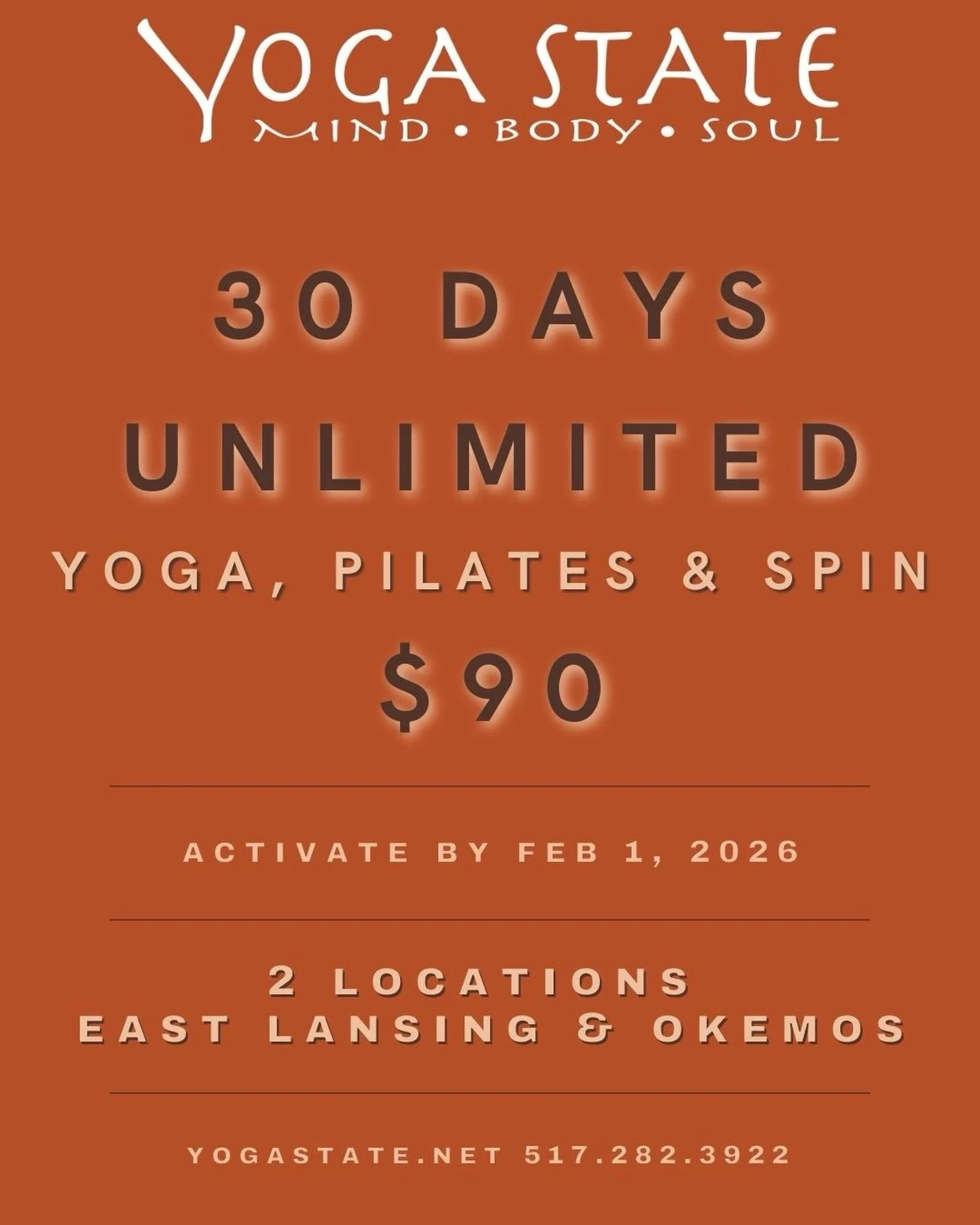 This is your sign to get into the studio!
30 days unlimited for $90

Purchase at yogastate.net