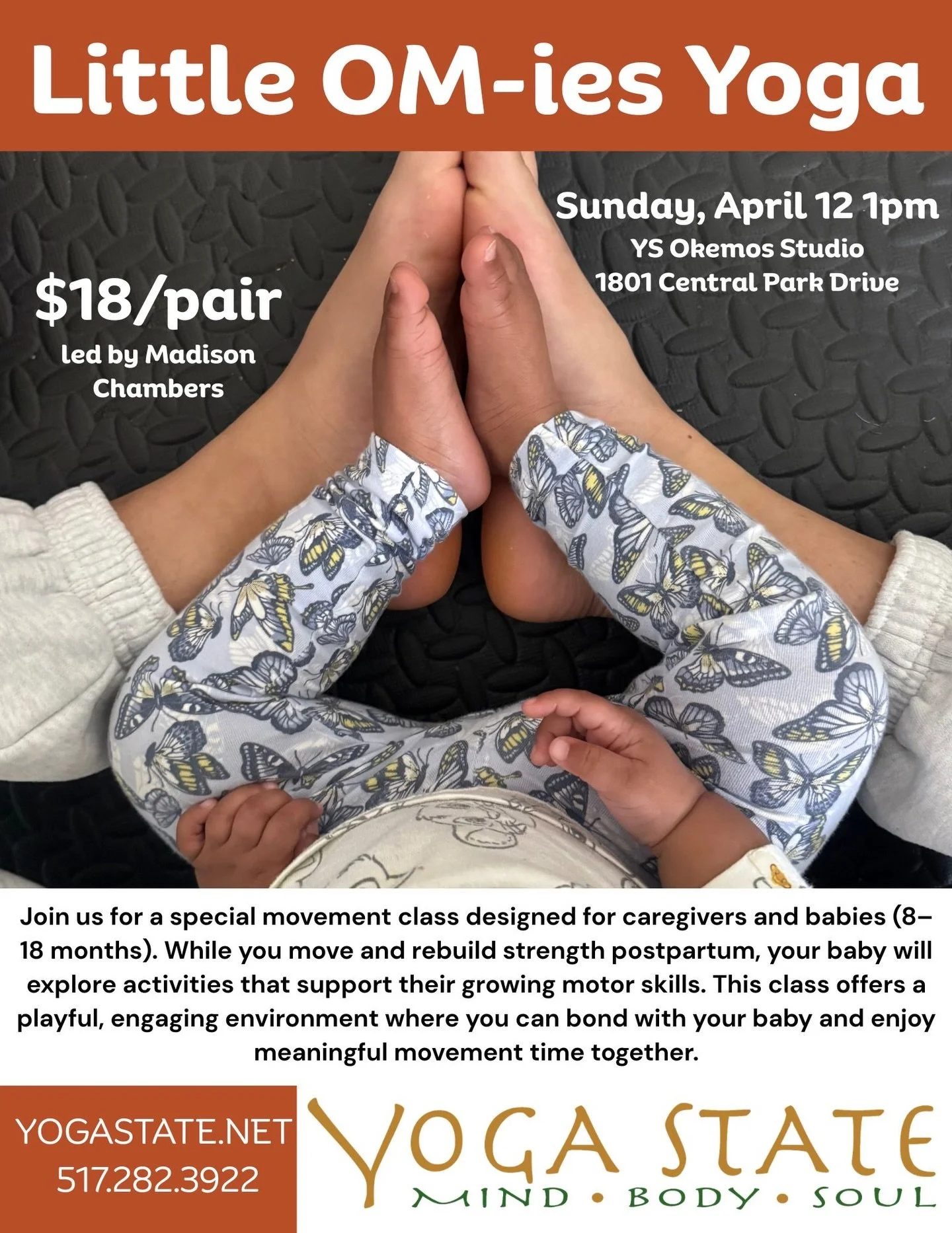 This Sunday in the Okemos Yoga State location!!

Move, bond, and grow together 💛

Join us for a special movement class designed for caregivers + babies (8&ndash;18 months). While you rebuild strength and reconnect with your body postpartum, your lit