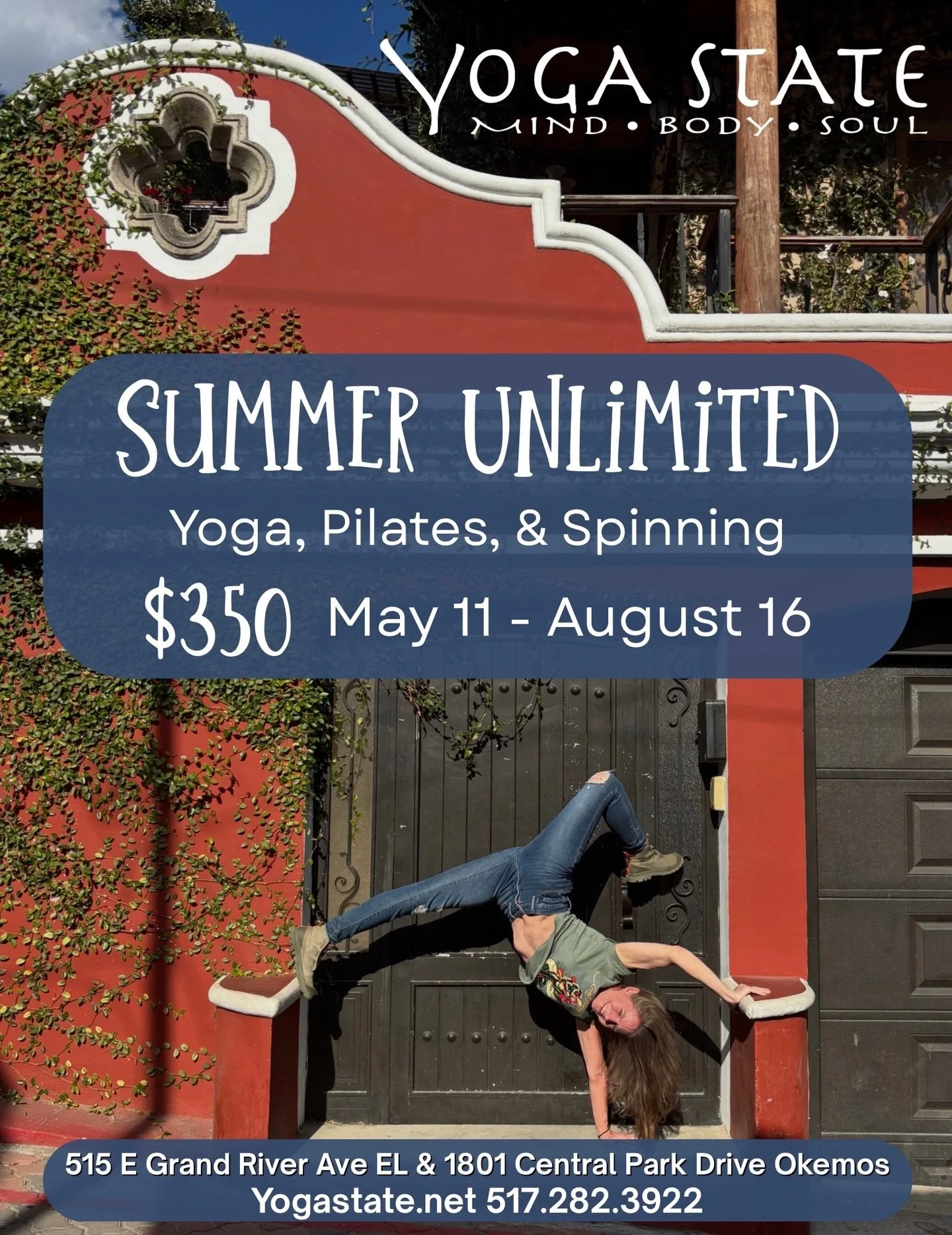 The best deal around for unlimited Yoga, Pilates &amp; Spin May 11-August 16!

Purchase in studio, by phone or online at yogastate.net