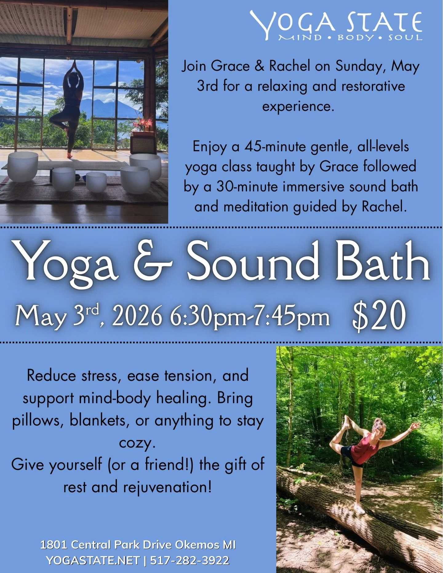 On Sunday, May 3rd, Grace and Rachel are teaming up again for another Yoga Sound Bath! Come join us for a 60 minute restorative yoga class followed by a 30 minute sound bath and meditation. This class will support mind and body healing by reducing st