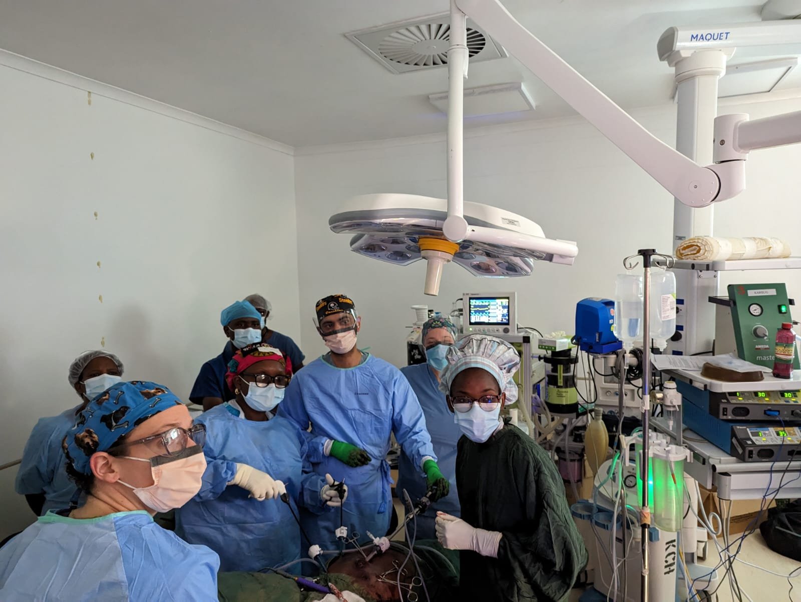 The team uses laparoscopic technology to perform a colostomy reversal surgery.