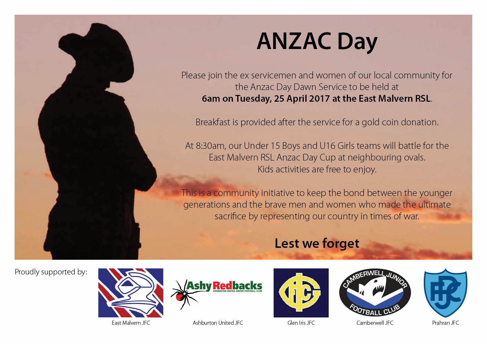 It is a pre-requisite for all players to be in attendance at the Dawn Service in order to wear the Ashy ANZAC jumper and represent our Club at this event.