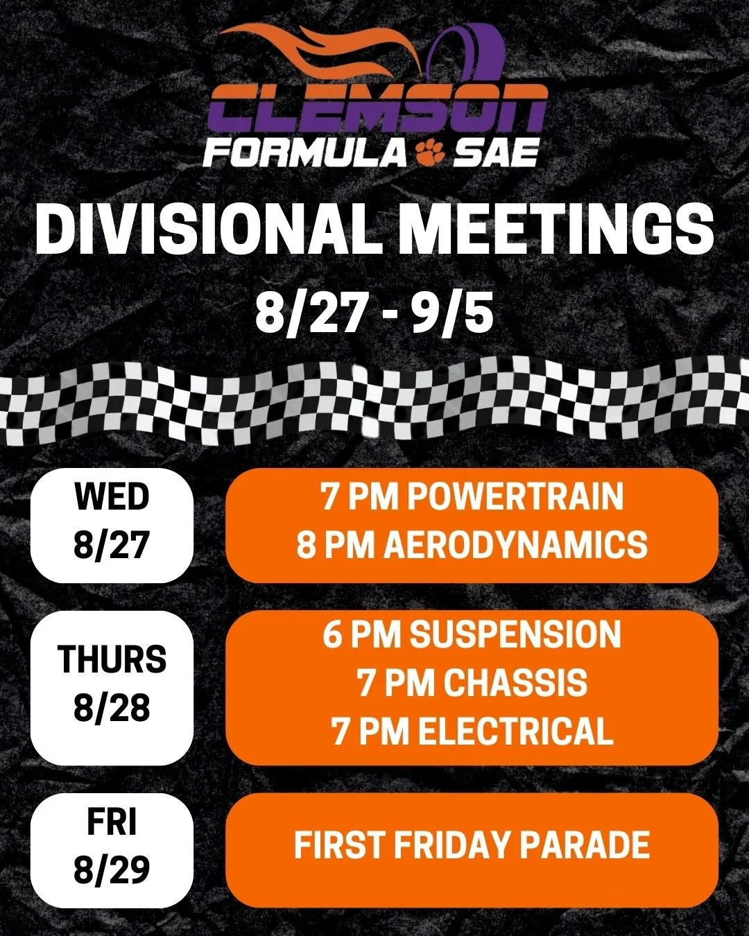 Here is our weekly meeting breakdown up until next week. Can't wait to see y'all there!

#Tiger25 #clemsonfsae #fsae #formulasae #clemson #clemsonuniversity #studentorganization #club #racing #racecar #raceteam #cars #motorsports #automotive #enginee
