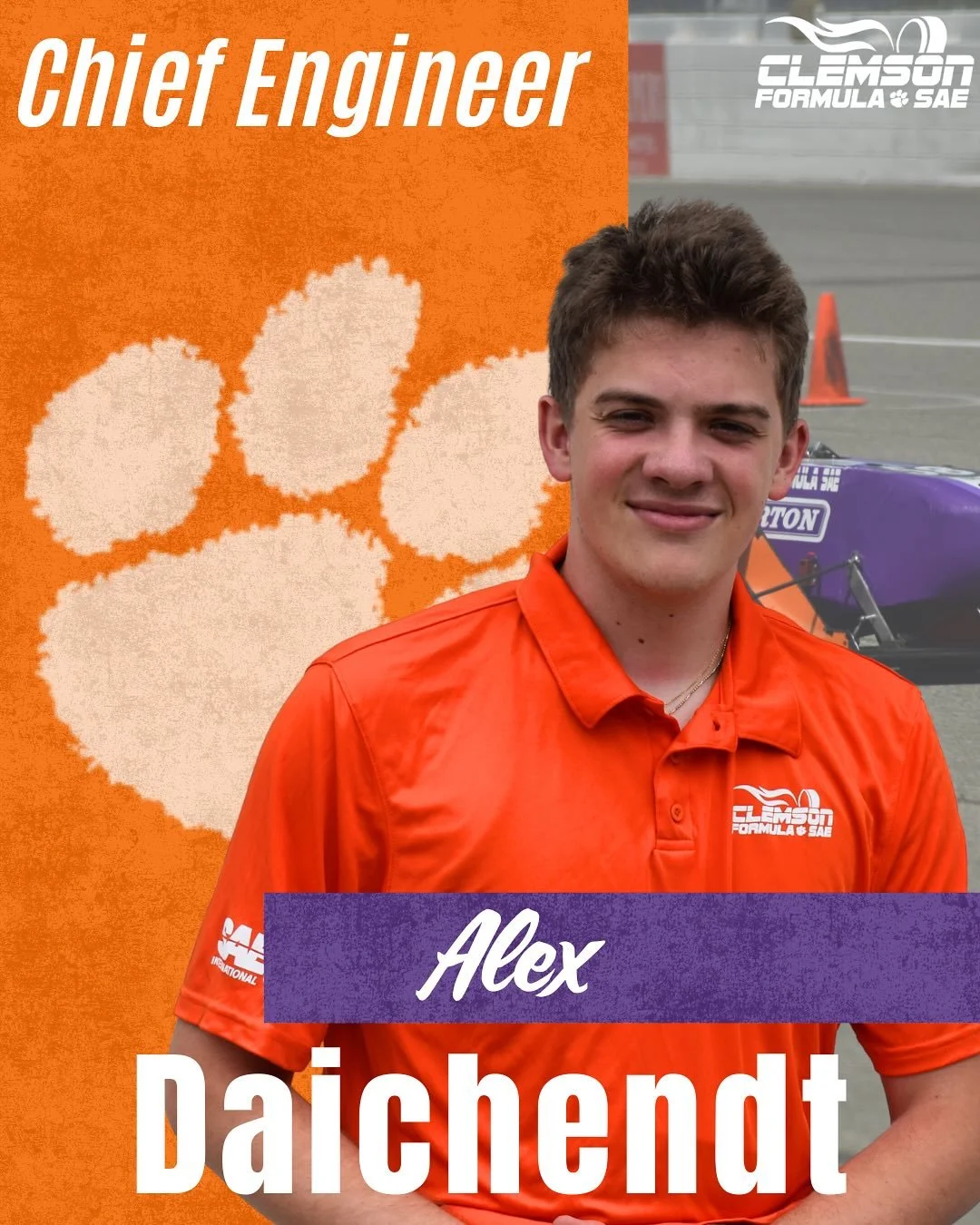 Introducing Meet the Team Mondays - Kicking off our series highlighting our team leadership is Alex Daichendt, Chief Engineer! 
#Tiger25 #ClemsonFSAE #FormulaSAE #FSAE #FormulaStudent #Motorsports #Racecar #MeetTheTeam #RaceTeam #STEM #Engineering #