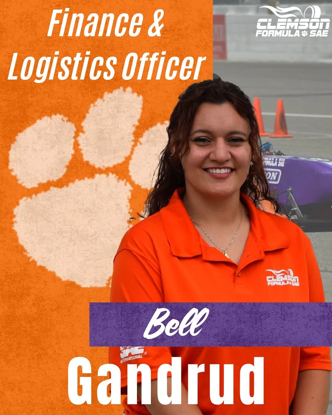 Happy Meet the Team Monday - Introducing our Finance and Logistics Officer, Bell Gandrud!

#Tiger25 #ClemsonFSAE #FormulaSAE #FSAE #FormulaStudent #Motorsports #Racecar #MeetTheTeam #RaceTeam #STEM #Engineering #MechanicalEngineering #Automotive #Cle