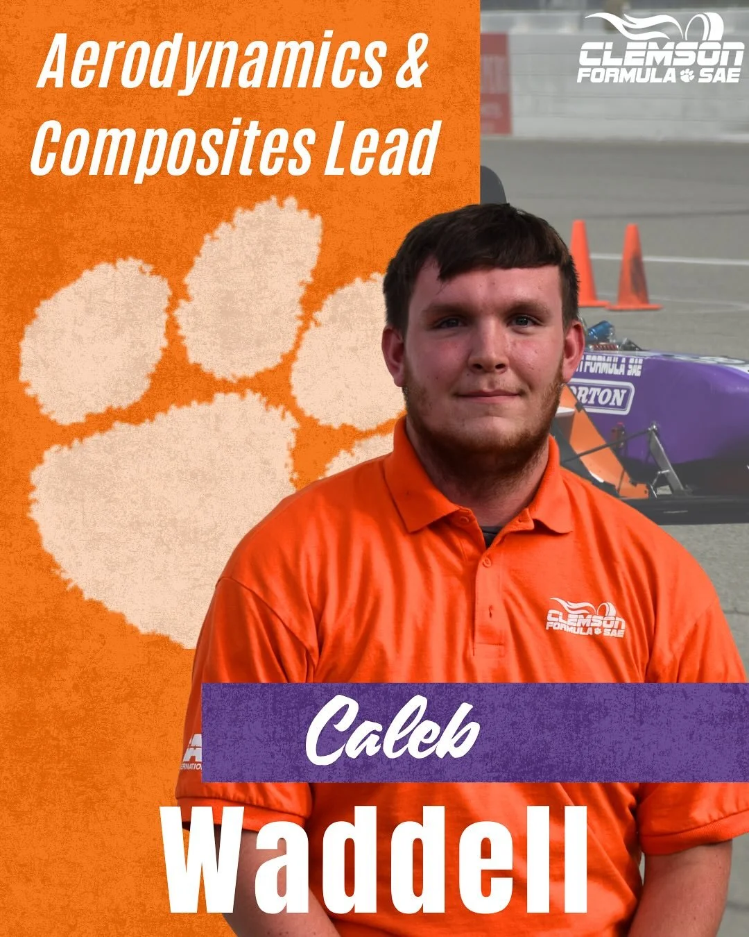 It&rsquo;s Meet the Team Monday! Next in our series is Caleb Waddell &mdash; Aerodynamics and Composites Lead!

#Tiger25 #ClemsonFSAE #FormulaSAE #FSAE #FormulaStudent #Motorsports #Racing #RaceCar #RaceTeam #STEM #Engineering #MechanicalEngineering 