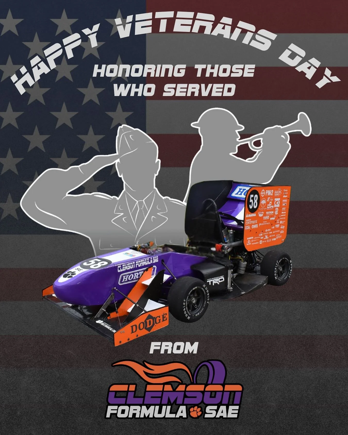 Happy Veterans Day to all the brave men and women who have served and sacrificed for our country. 🇺🇸 Thank you for your service!

#Tiger25 #ClemsonFSAE #FormulaSAE #FSAE #FormulaStudent #Motorsports #Racing #RaceCar #RaceTeam #STEM #Engineering #Au