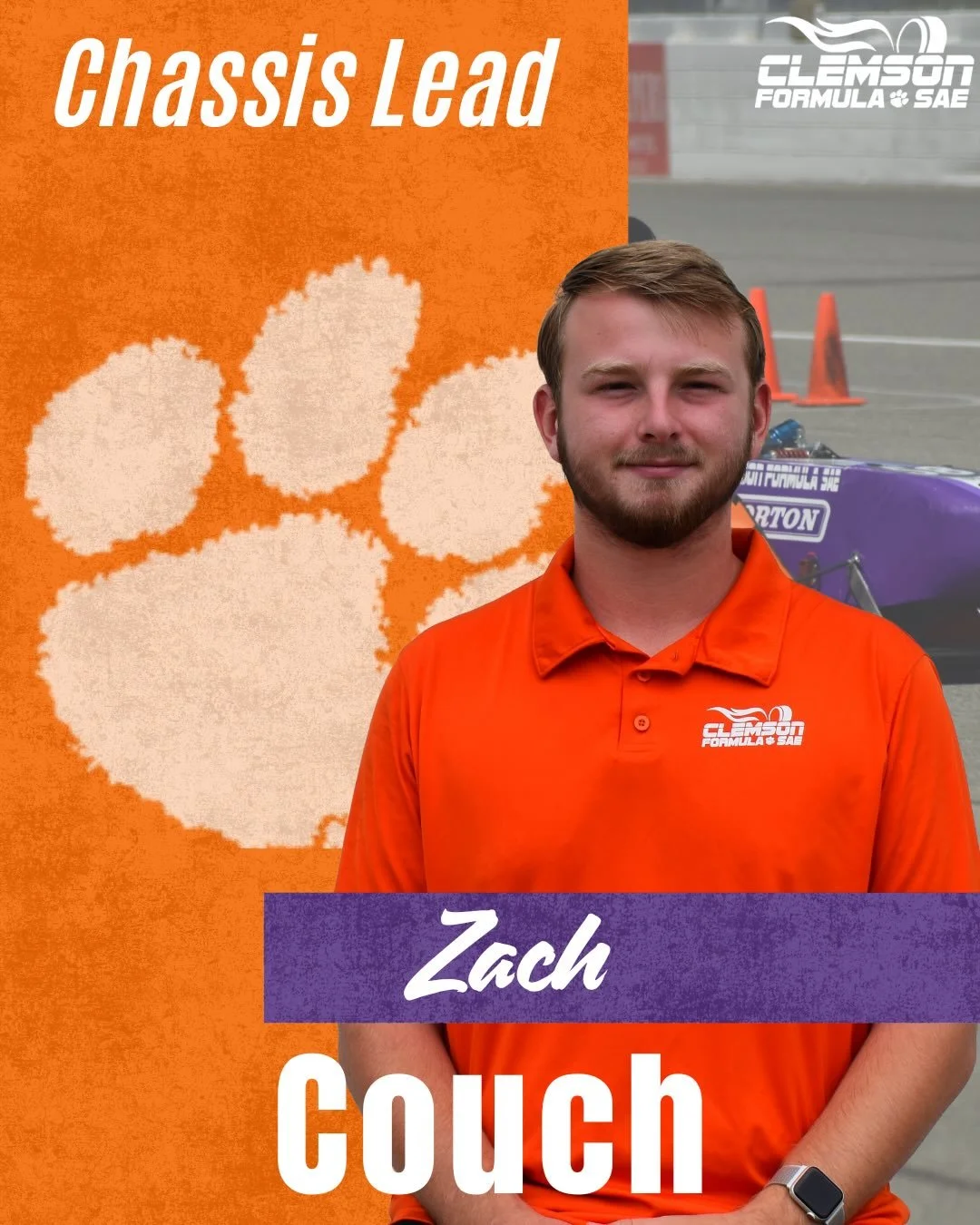 Gear up for another Meet the Team Monday featuring our Chassis Lead, Zach Couch!

#Tiger25 #ClemsonFSAE #FormulaSAE #FSAE #FormulaStudent #Motorsports #RaceCar #MeetTheTeam #RaceTeam #STEM #Engineering #Electrical #MechanicalEngineering #Automotive #