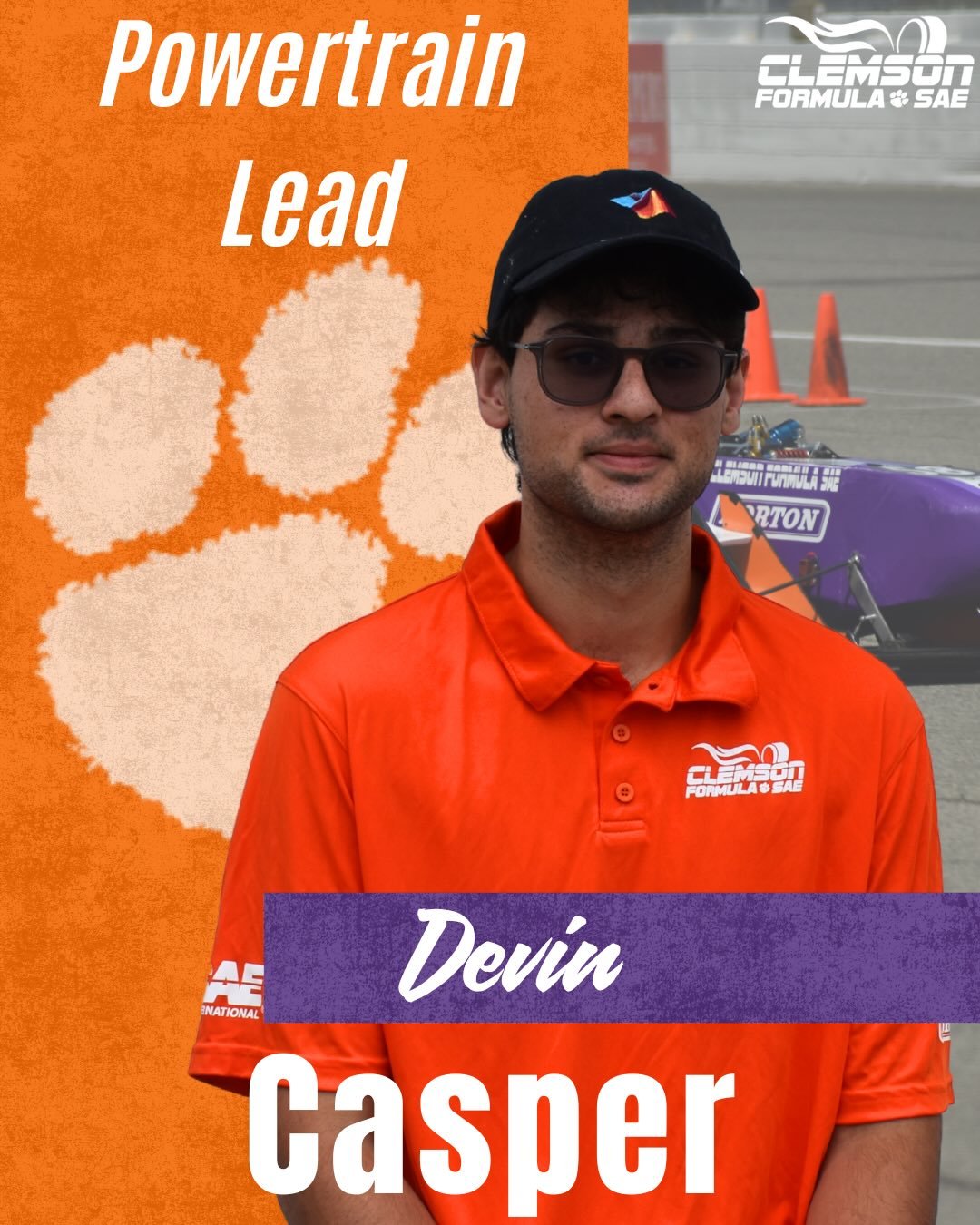 Next in our Meet the Team Monday series is Devin Casper, Powertrain Lead!

#Tiger25 #ClemsonFSAE #FormulaSAE #FSAE #FormulaStudent #Motorsports #RaceCar #MeetTheTeam #RaceTeam #STEM #Engineering #Electrical #MechanicalEngineering #Powertrain #Automot