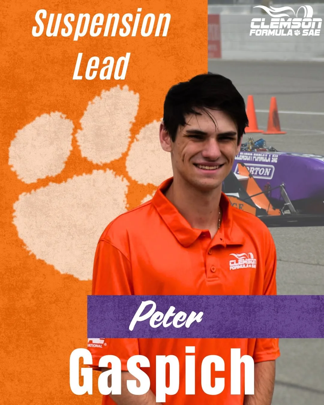 Happy Meet the Team Monday! Next in our series is Peter Gaspich, Suspension Lead!

#Tiger25 #ClemsonFSAE #FormulaSAE #FSAE #FormulaStudent #Motorsports #RaceCar #RaceTeam #MeetTheTeam #STEM #Engineering #Suspension #AutomotiveEngineering #Automotive 