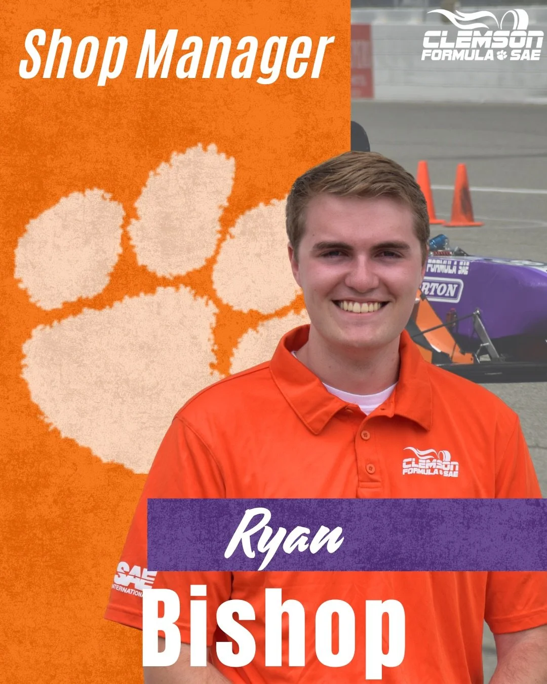 Kicking off Meet the Team Monday this week is Ryan Bishop, our Shop Manager!

#Tiger25 #ClemsonFSAE #FormulaSAE #FSAE #FormulaStudent #Motorsports #RaceCar #MeetTheTeam #RaceTeam #STEM #Engineering #MechanicalEngineering #Automotive #Clemson #Clemson