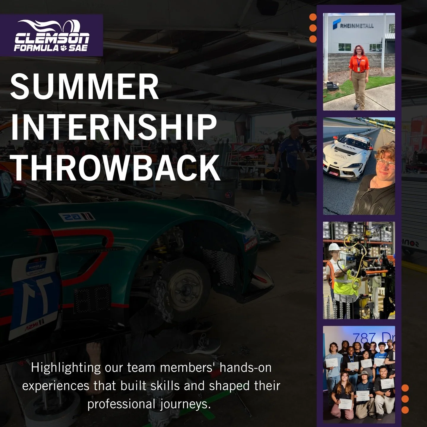 With Christmas Break underway, we&rsquo;re taking a moment to look back on summer and the valuable internship experiences our team members gained along the way.

#Tiger25 #ClemsonFSAE #FormulaSAE #FSAE #FormulaStudent Motorsports RaceCar Racing RaceT
