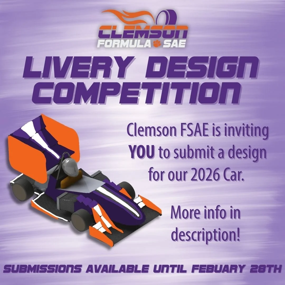 Welcome to the Tiger 26 Livery Design Challenge! We are inviting the Clemson community to help design our upcoming car, the winner will be announced on our social media and win a prize of a team t shirt.

Check our linktree for more information, temp