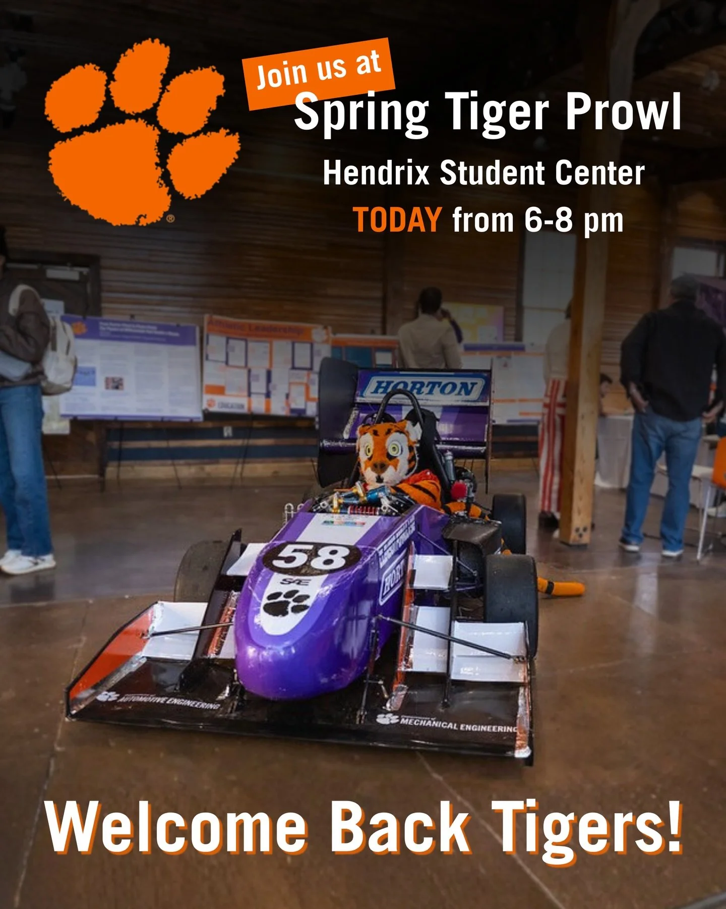 Happy first day of class! Check us out at Tiger Prowl today in Hendrix Ballrooms A/B at 6PM to learn more about our club and how to join. Happy spring semester, Go Tigers!

#Tiger25 #ClemsonFSAE #FormulaSAE #FSAE #FDOC