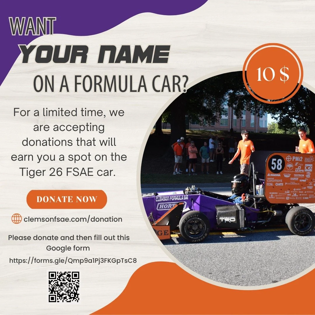 In honor of Clemson's annual Give Day, our team is, for a limited time, rewarding every $10+ donation with a custom sticker that will placed on Tiger 26. We are super excited to collaborate with our community and to give back to those who help us eve
